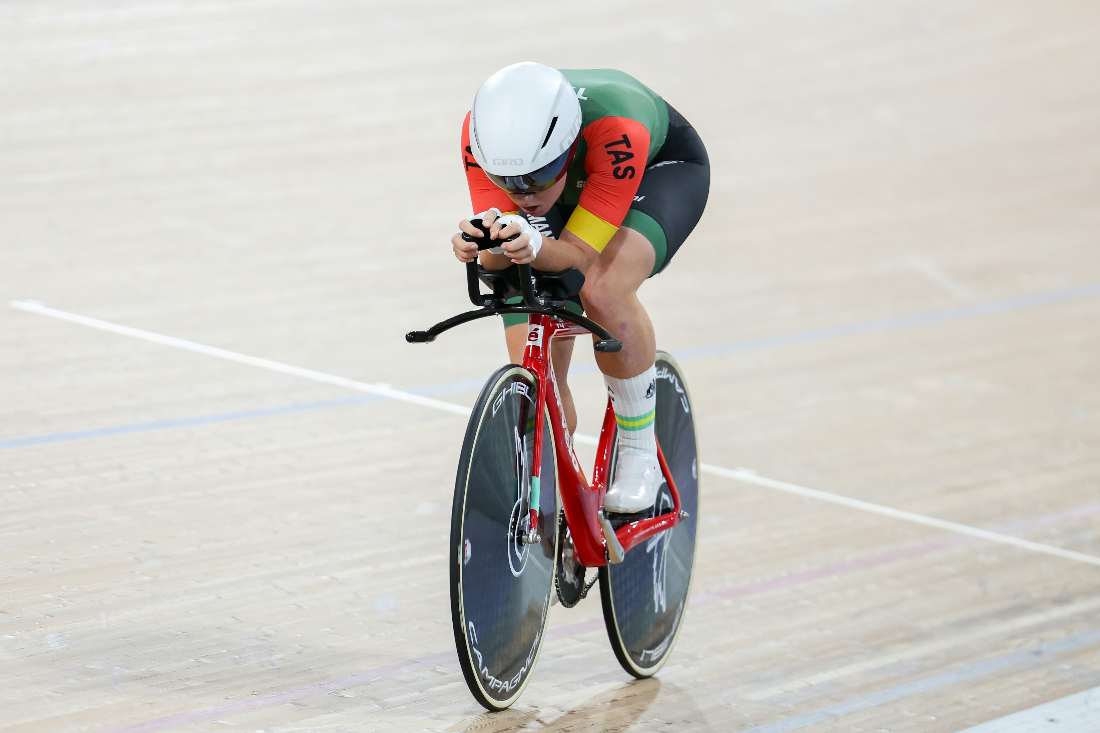 Felicity Wilson-Haffenden racing at the 2024 AusCycling Track National Championships in Brisbane. Picture: Mackenzie Sweetnam