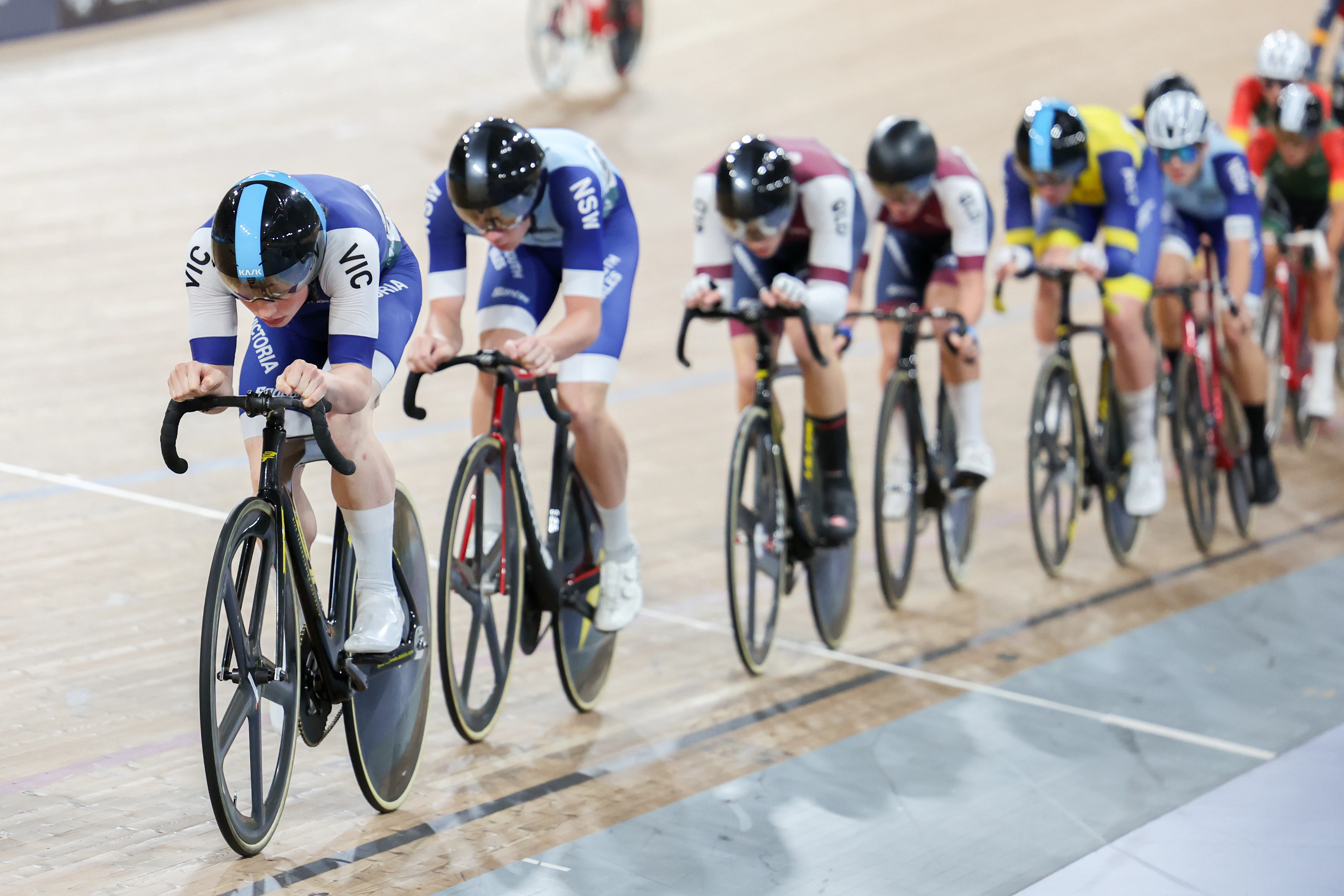 Oscar Gallagher racing at the 2024 AusCycling Track National Championships in Brisbane. Picture: Mackenzie Sweetnam