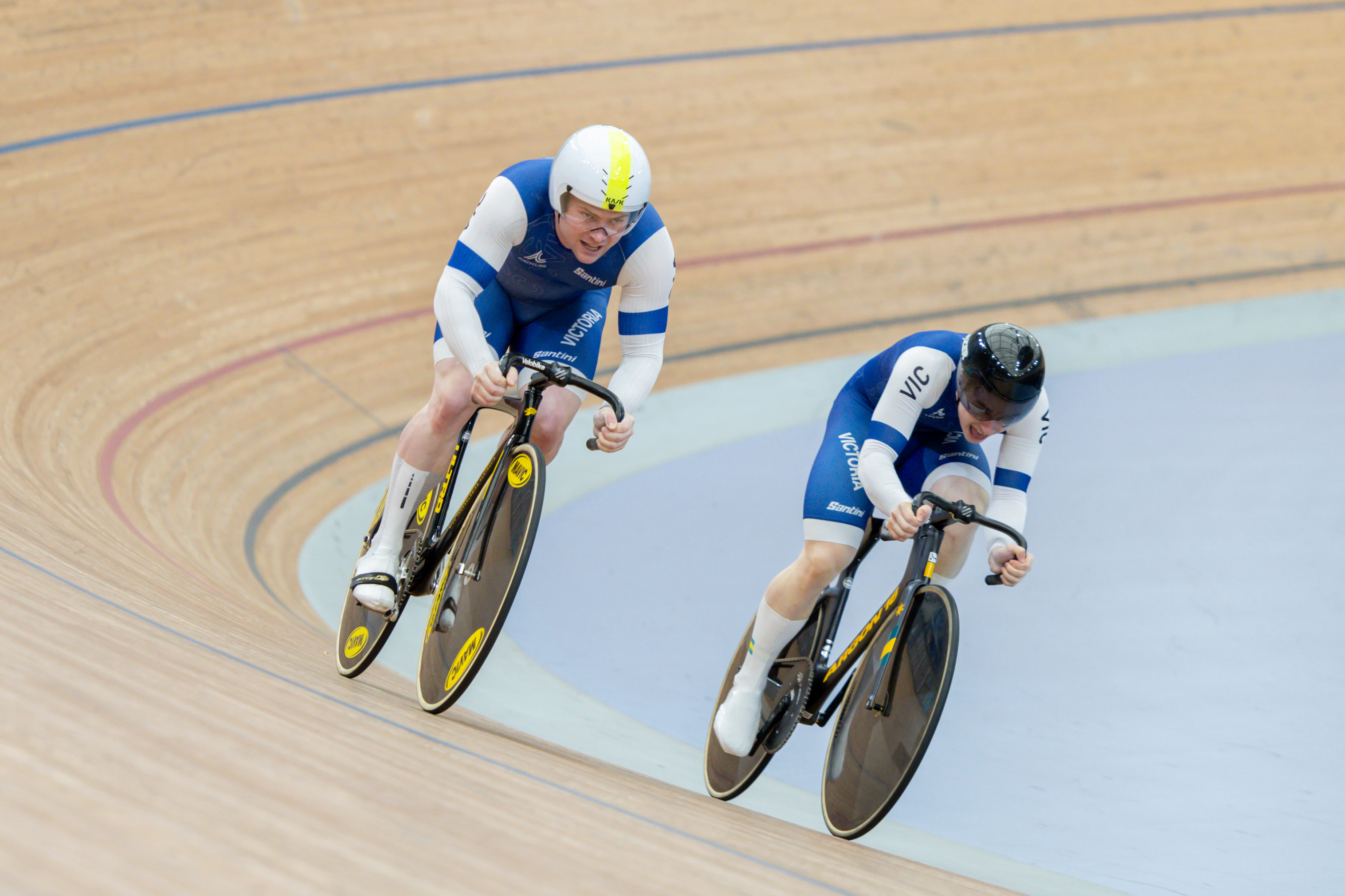 Jade Maddern and Sam Gallagher racing in the elite men's team sprint at the 2024 AusCycling Track National Championships in Brisbane. Picture: Mackenzie Sweetnam