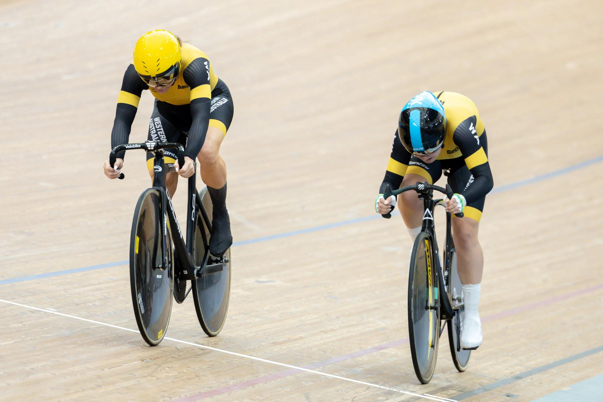 Kristine Perkins and Sally Carter race the team sprint at the 2024 AusCycling Track National Championships in Brisbane. Picture: Mackenzie Sweetnam