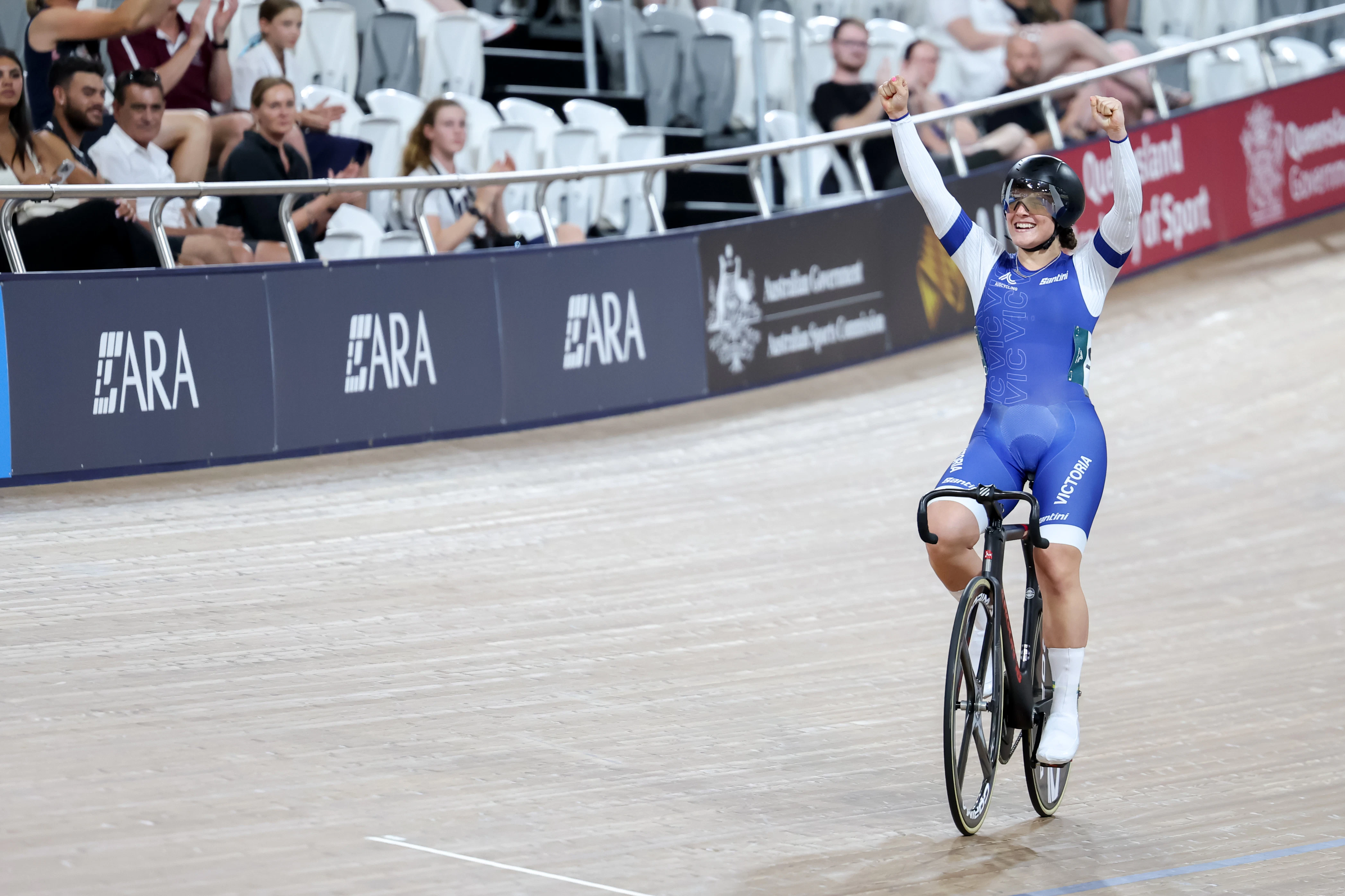 Alessia McCaig celebrates winning the elite women's keirin at the 2024 AusCycling Track National Championships. Picture: Mackenzie Sweetnam