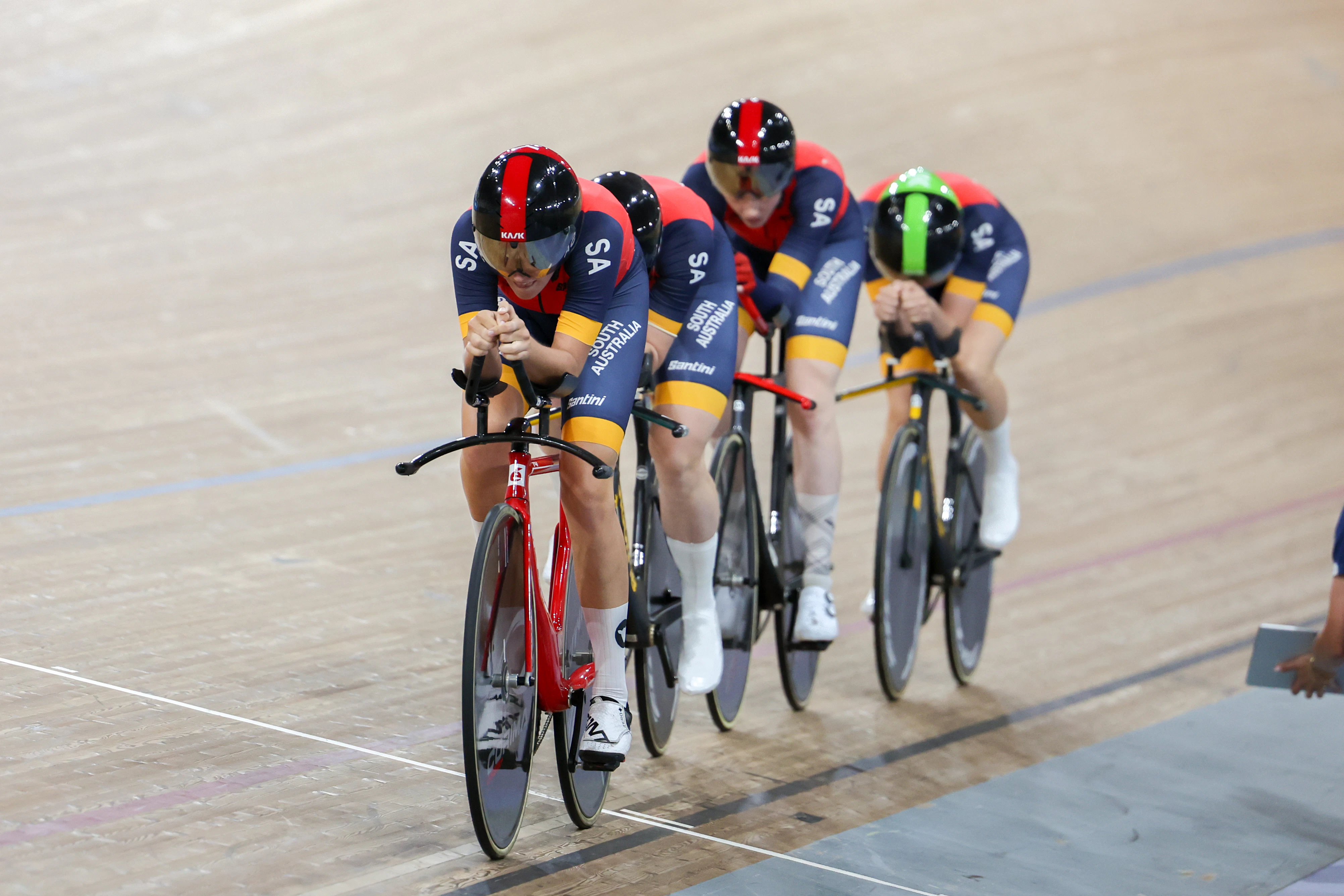 Alli Anderson and the elite women's South Australia team pursuit racing at the 2024 AusCycling Track National Championships in Brisbane. Picture: Mackenzie Sweetnam