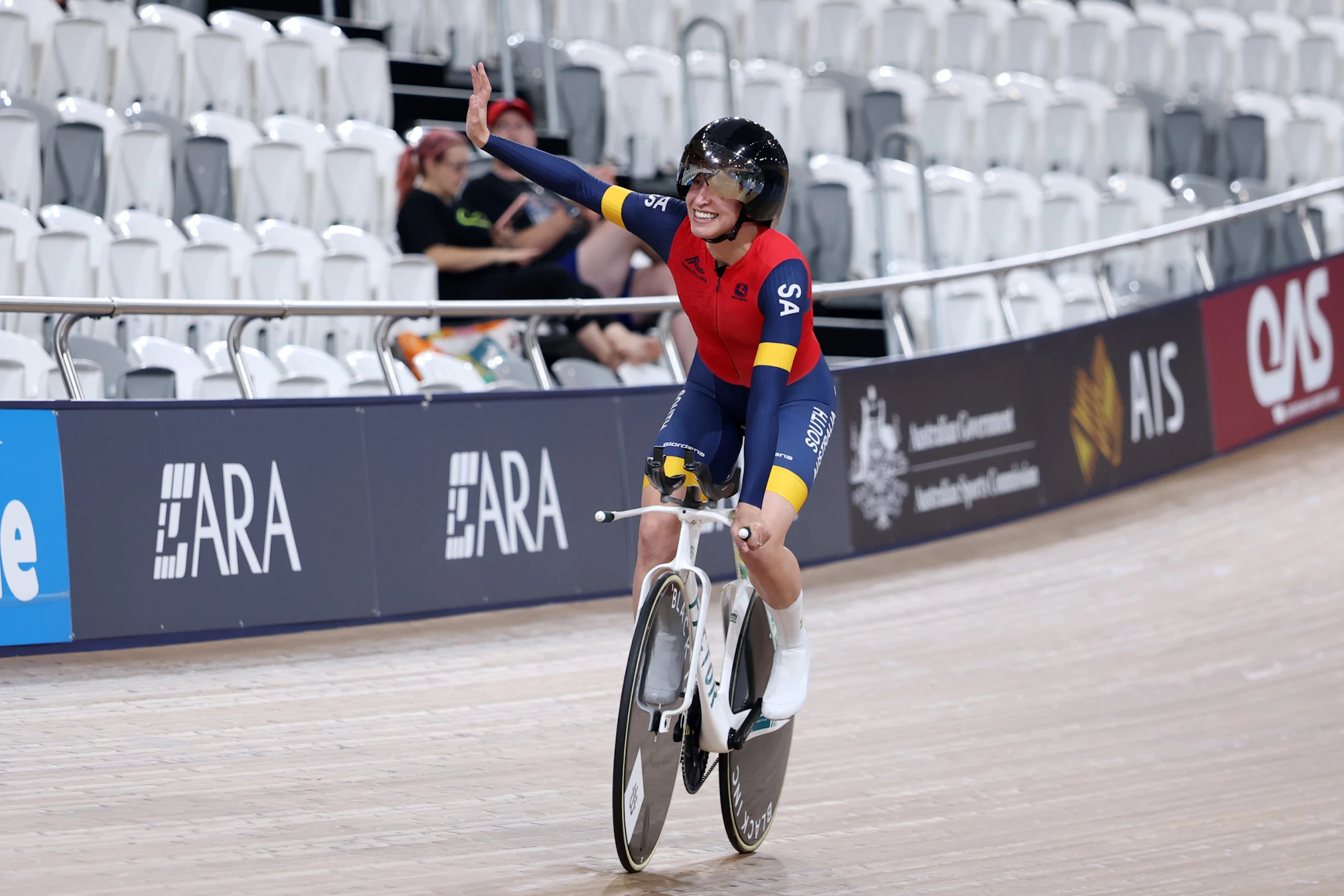 Sophie Edwards of South Australia celebrates winning the elite women individual pursuit at the 2026 AusCycling Track National Championships at Anna Meares Velodrome, Brisbane, Queensland.