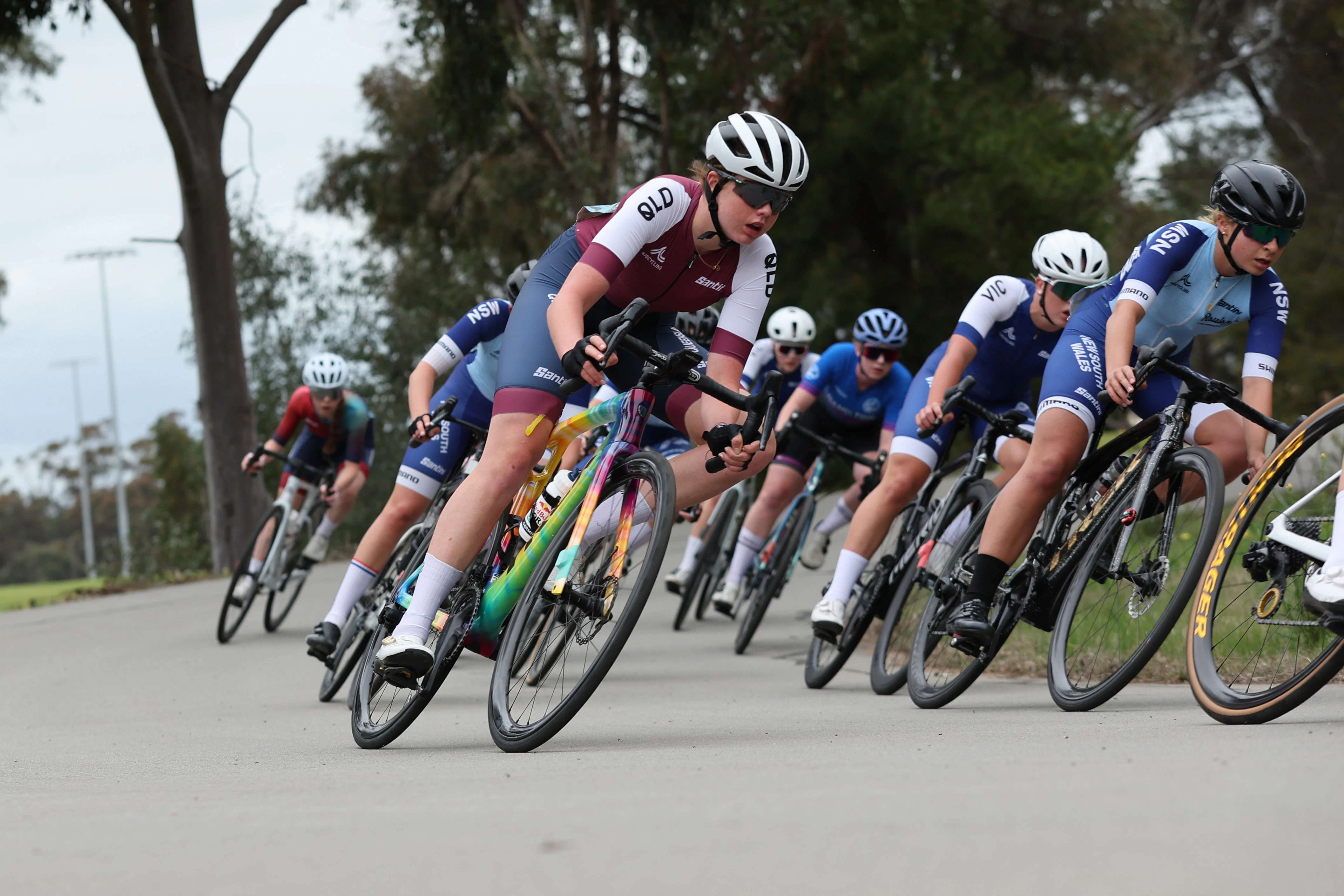 Ava Robbins racing the 2025 AusCycling Junior and Masters Road National Championships U17 Girls Criterium in Wagga Wagga. Picture: Con Chronis