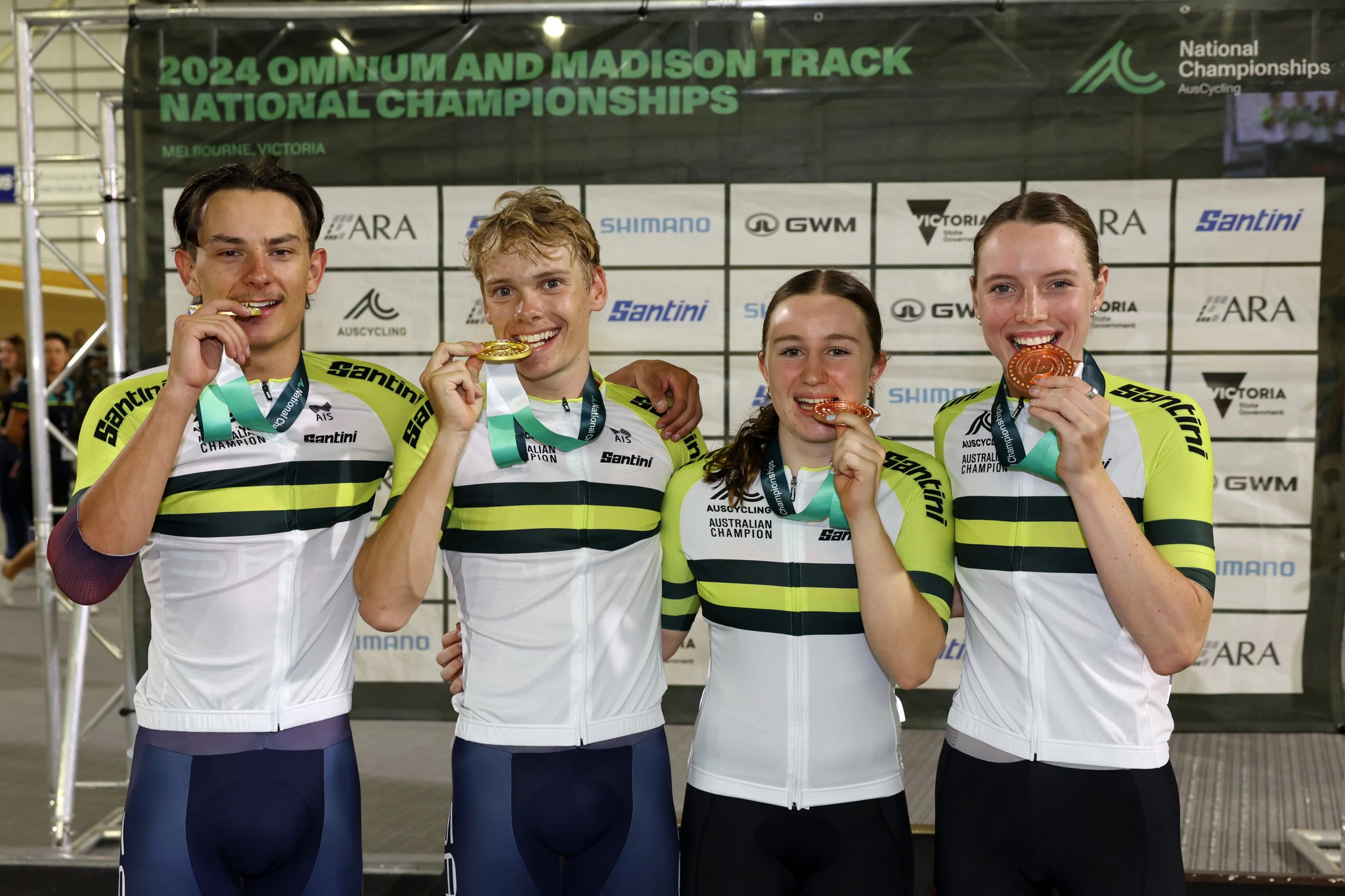Oliver Bleddyn, Zac Marriage, Kiera Will and Keely Bennett - winners of respective Madison national titles in 2024 as part of the 127th Austral Wheelrace in Melbourne. Picture: Con Chronis