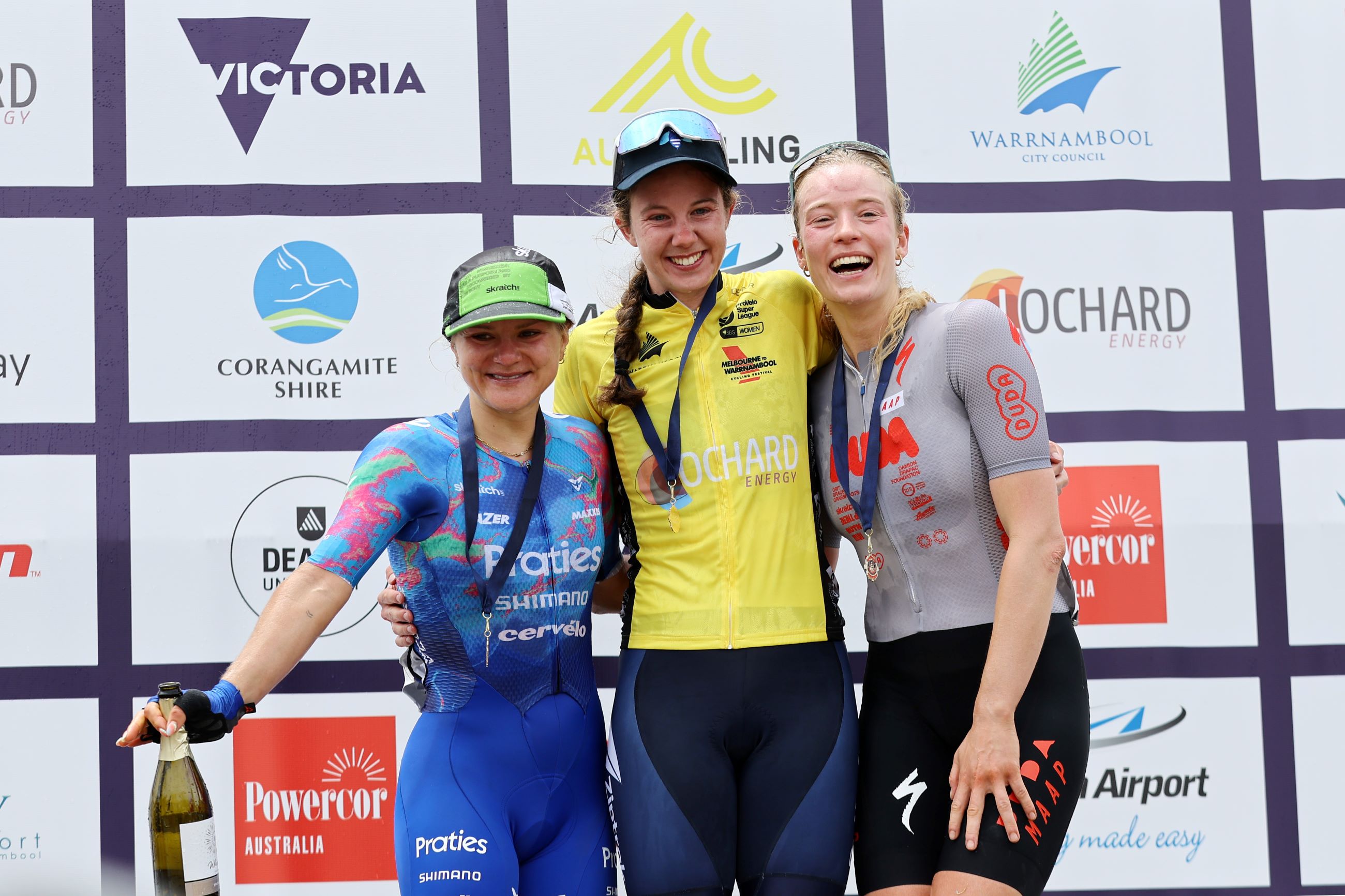 Katelyn Nicholson, Frankie Hall and Josephine Pepper on the Lochard Energy Warrnambool Women’s Classic 2025 podium