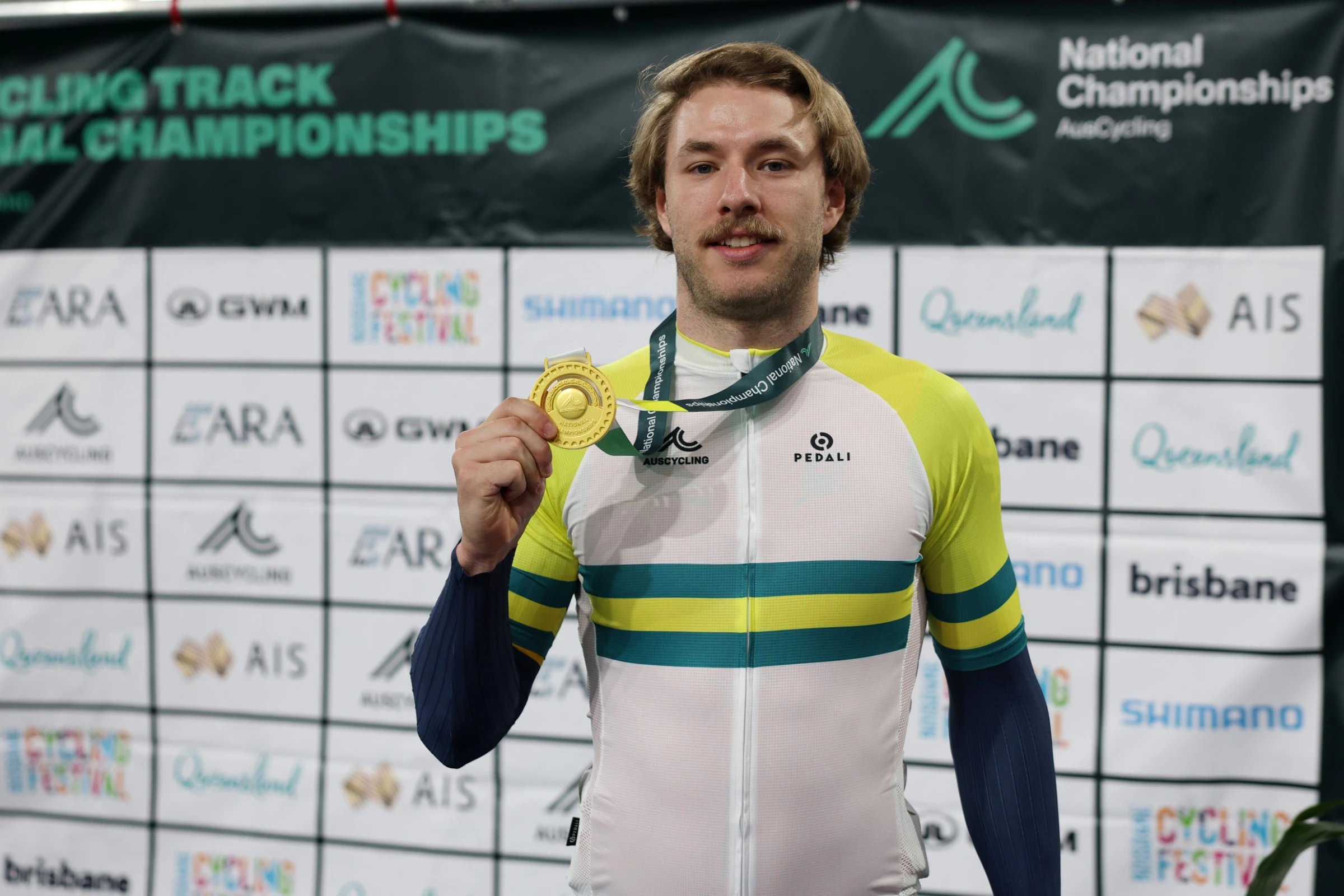 Leigh Hoffman with gold medal and Australian champion's jersey as the elite men sprint national champion at the 2026 AusCycling Track National Championships at the Anna Meares Velodrome, Brisbane