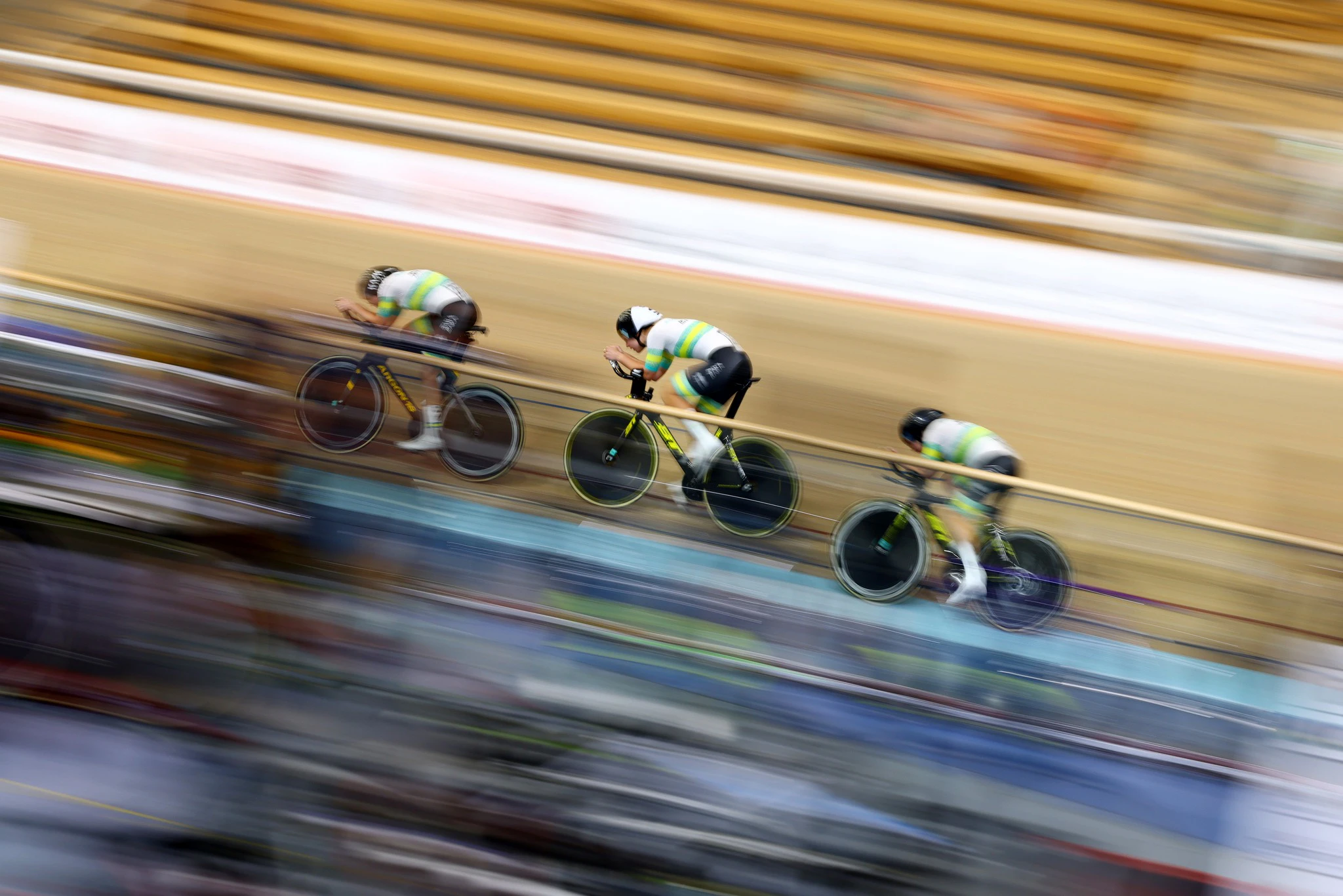 Amber Pate, Claudia Marcks and Keira Will racing the team pursuit at the Adelaide 2024 UCI Track Nations Cup. Picture: Con Chronis