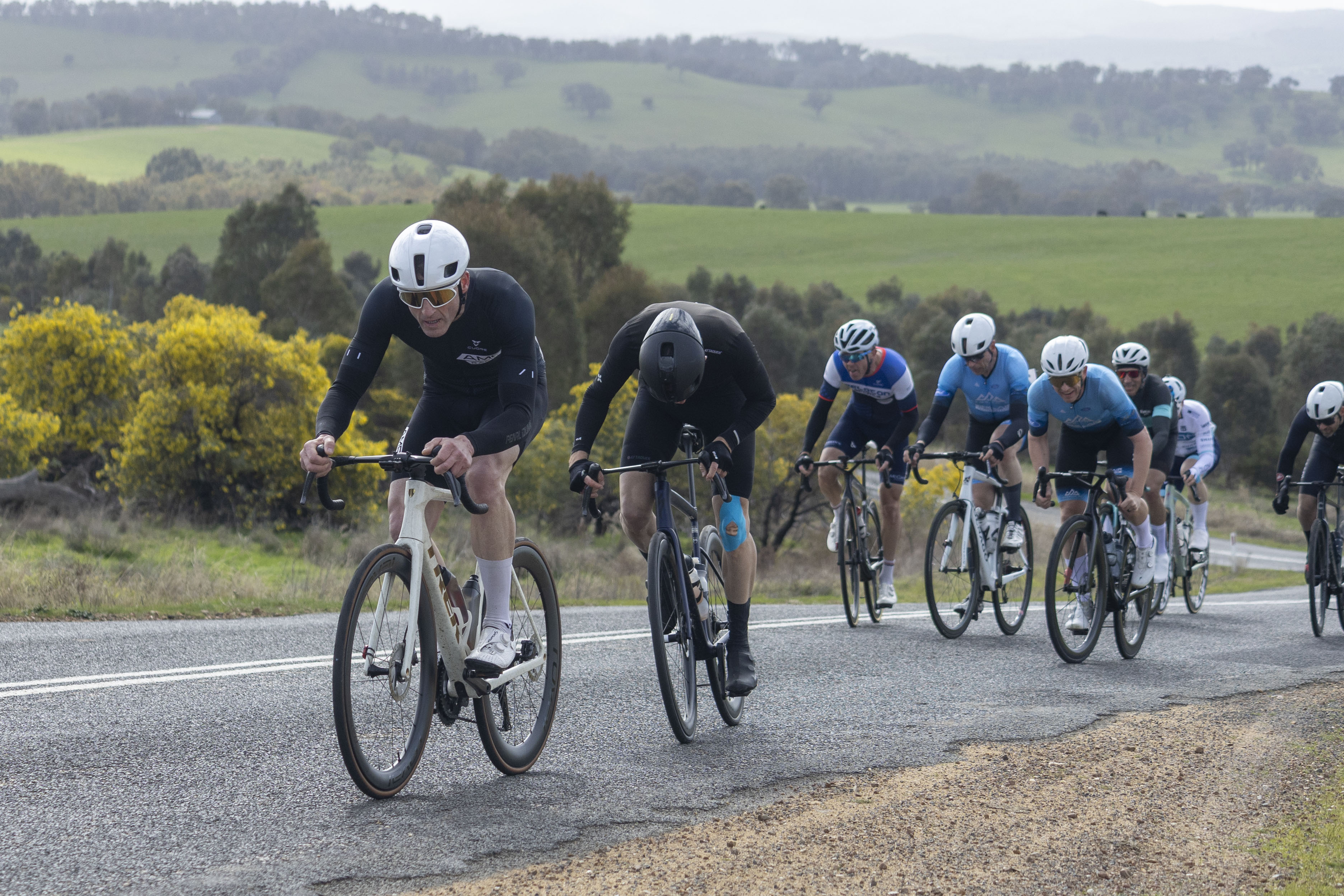 Ben Neppl leading a Men's Masters 4 (MMAS4) road race of the AusCycling NSW State Championships for 2025 in Wagga Wagga, NSW.