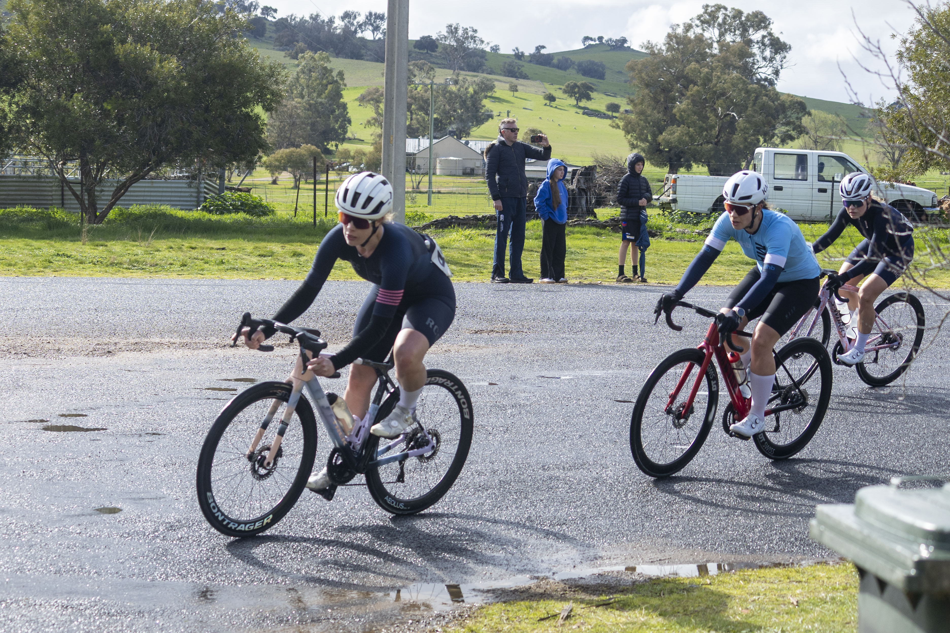 Kate Lee, also known as Katie Lee, leading the Women's Masters 1 (WMAS1) road race of the AusCycling NSW State Championships for 2025 in Wagga Wagga, NSW.