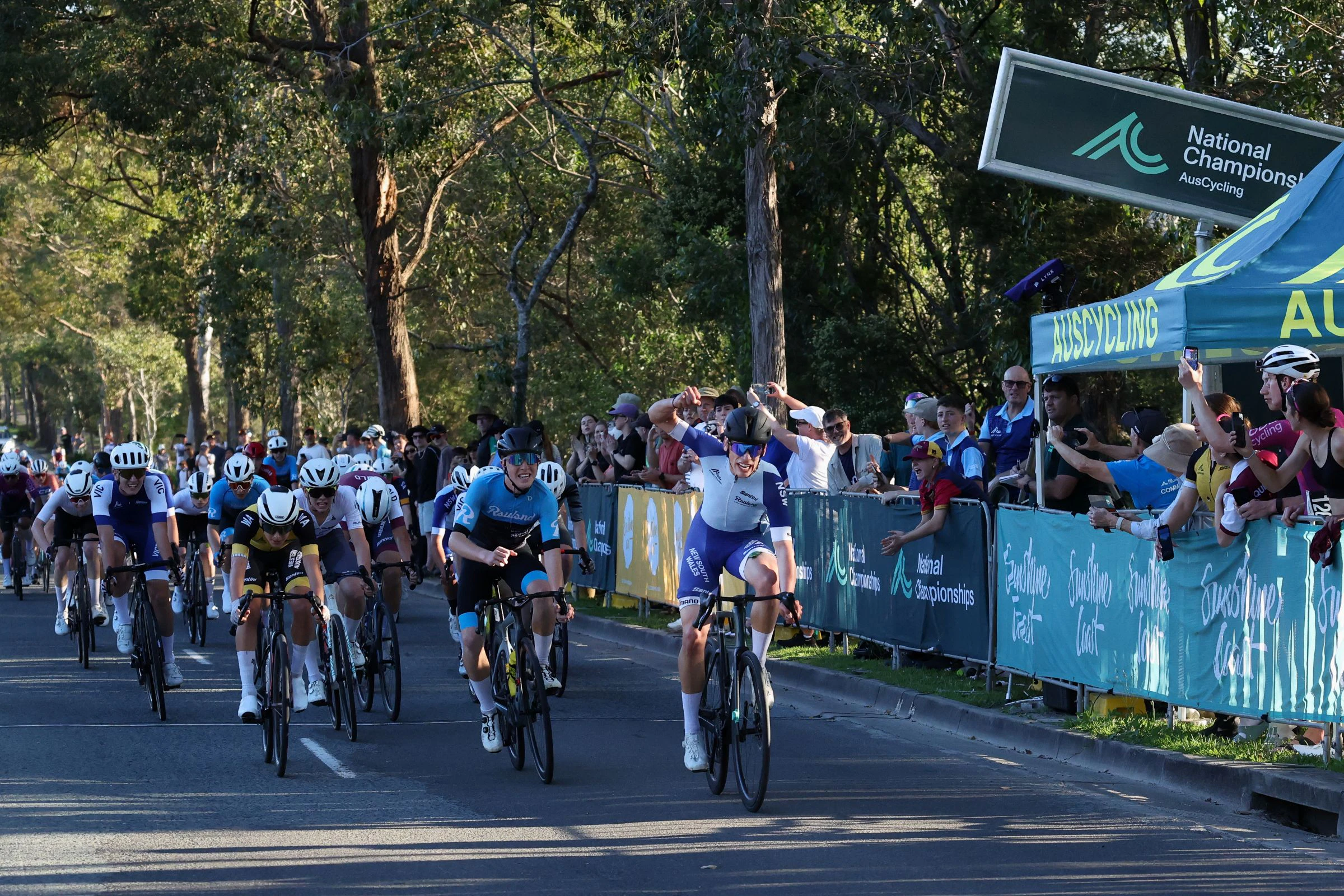 Joshua Moore wins the under-17 men's road race at the 2026 AusCycling Junior & Masters Road National Championships on the Sunshine Coast