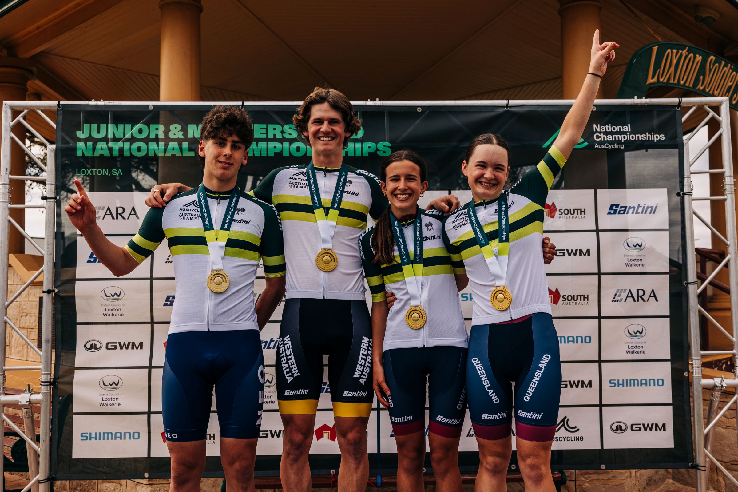 The winners of the under-15 and under-17 criterium national championships in their green-and-gold jerseys during the AusCycling Road National Championships in Loxton, South Australia in 2024.