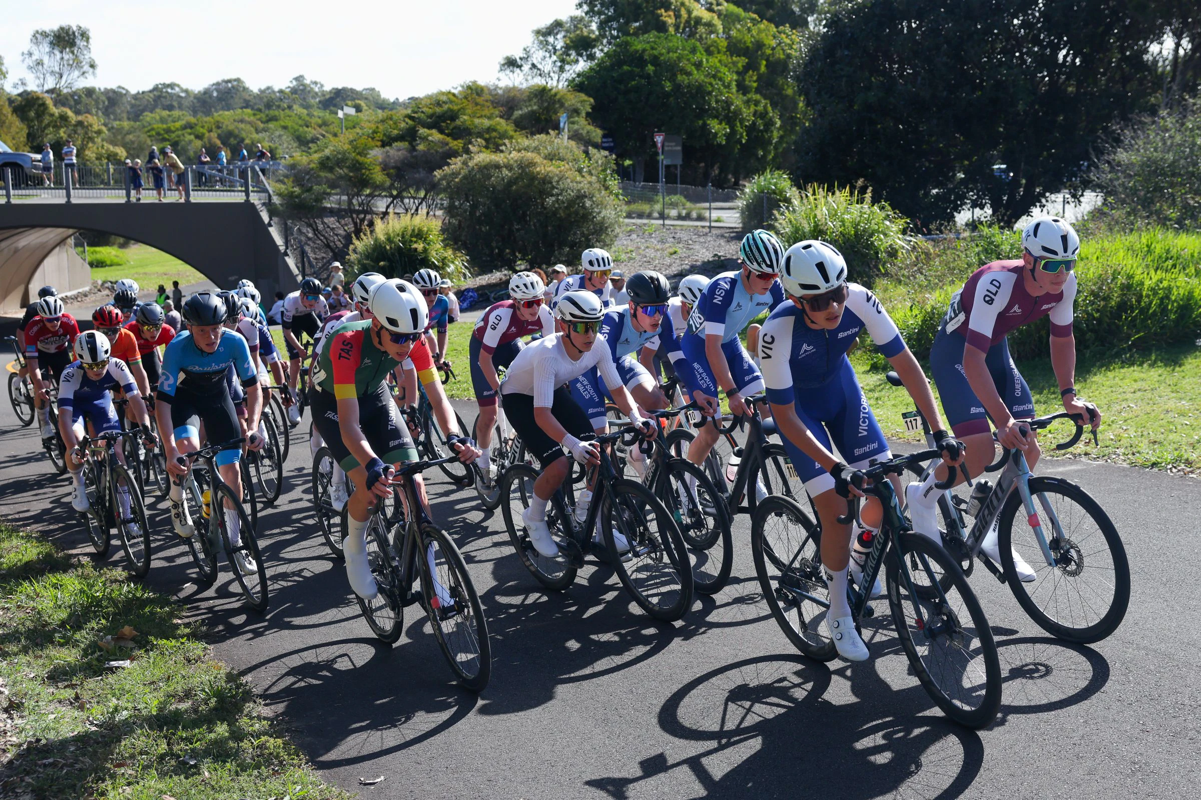 Junior road cyclists competing in a peloton in a criterium AusCycling Junior & Masters Road National Championships