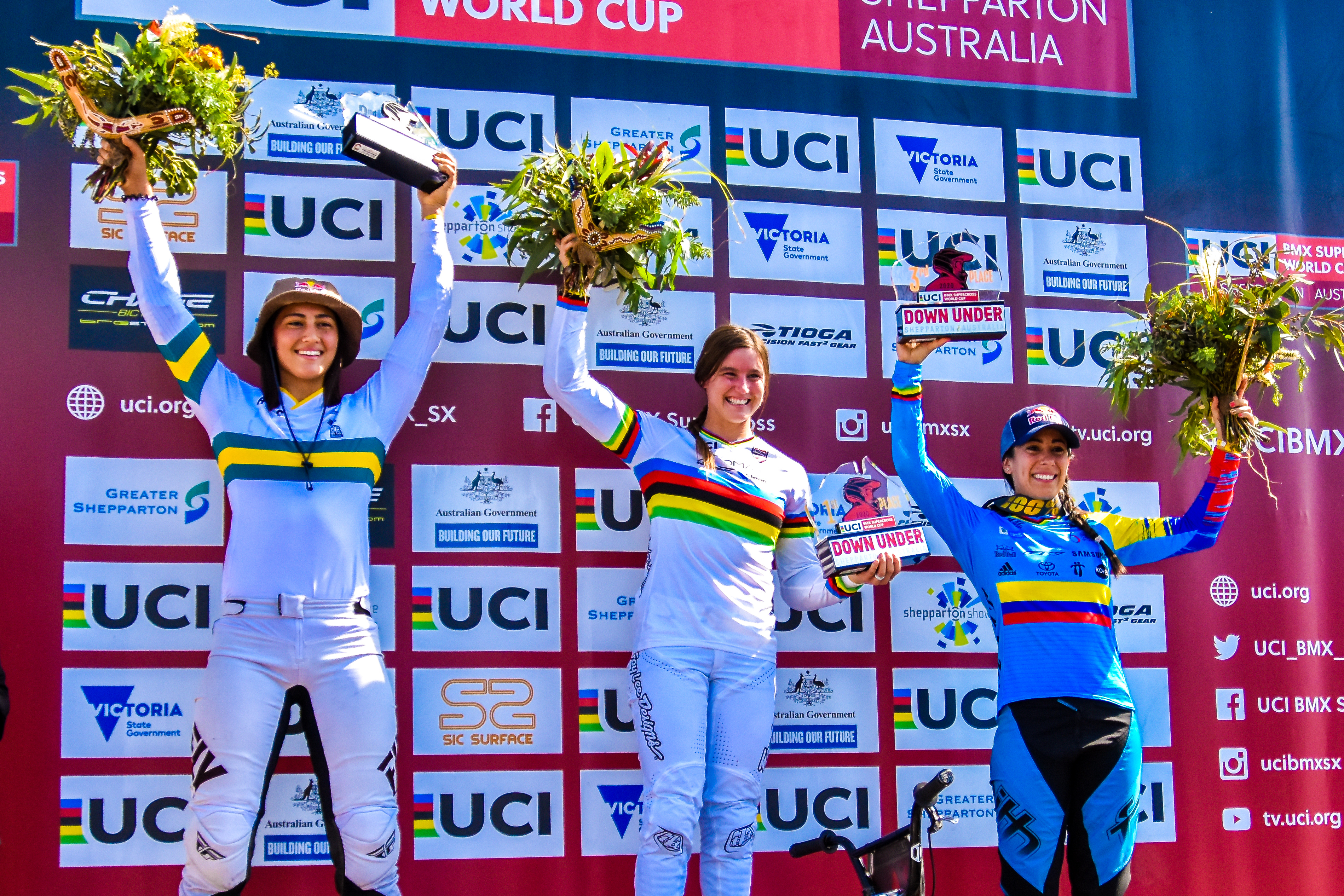 BMX Racing athletes Alise Willoughby, Saya Sakakibara and Mariana Pajon on the women's podium at the UCI BMX Supercross World Cup in 2020 in Shepparton, Victoria (Craig Dutton)