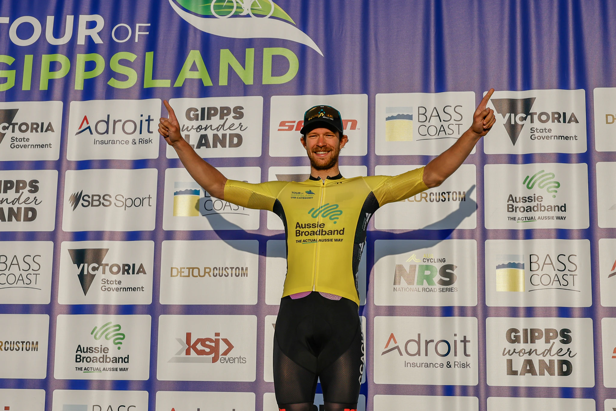 Graeme Frislie, Australian cyclist, in the yellow leader's jersey of the 2024 Tour of Gippsland, part of the AusCycling National Road Series