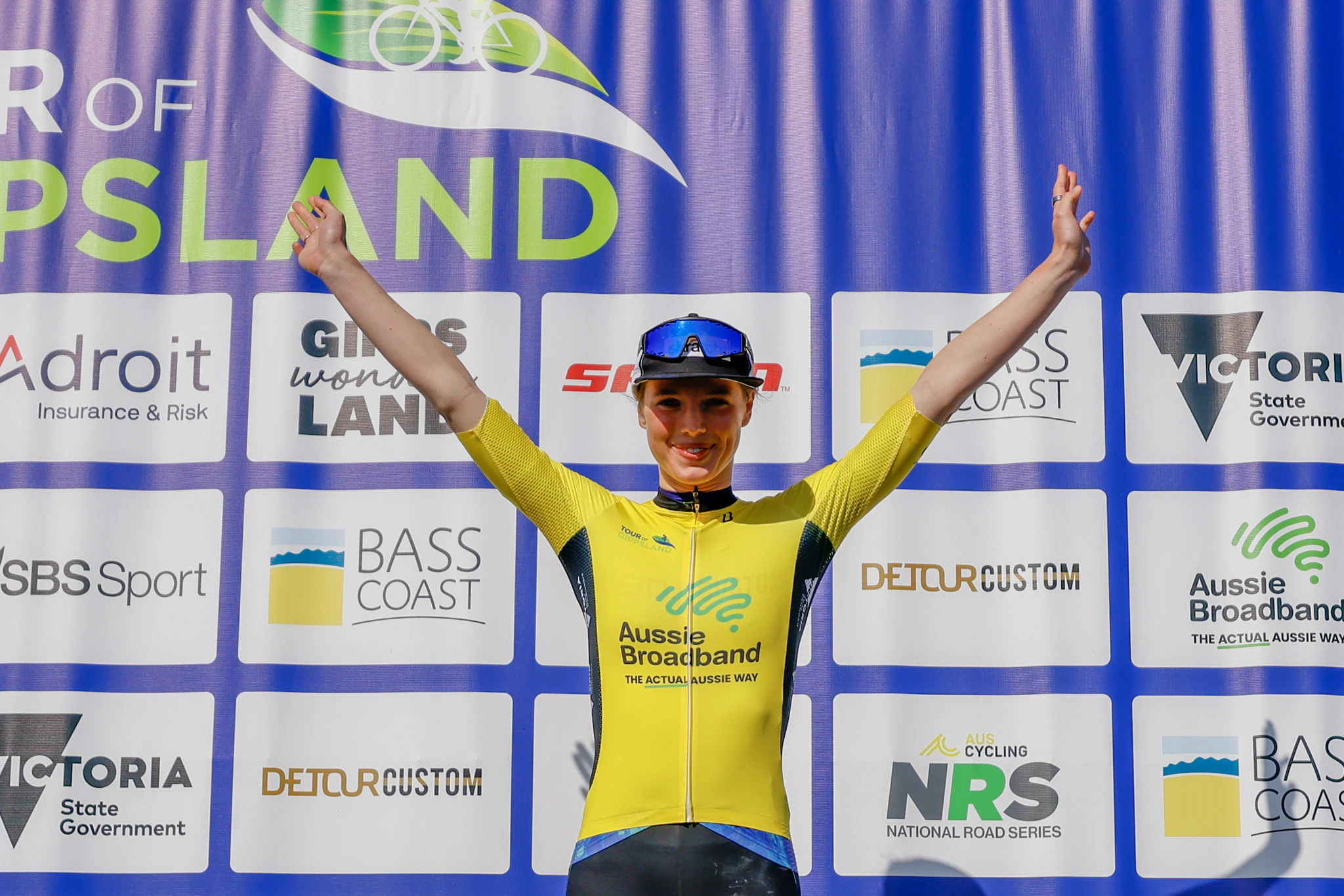 Australian cyclist Keely Bennett of Team BridgeLane in the yellow leader's jersey of the 2024 Tour of Gippsland individual general classification, part of the 2024 AusCycling National Road Series on the Phillip Island Grand Prix Circuit, Victoria