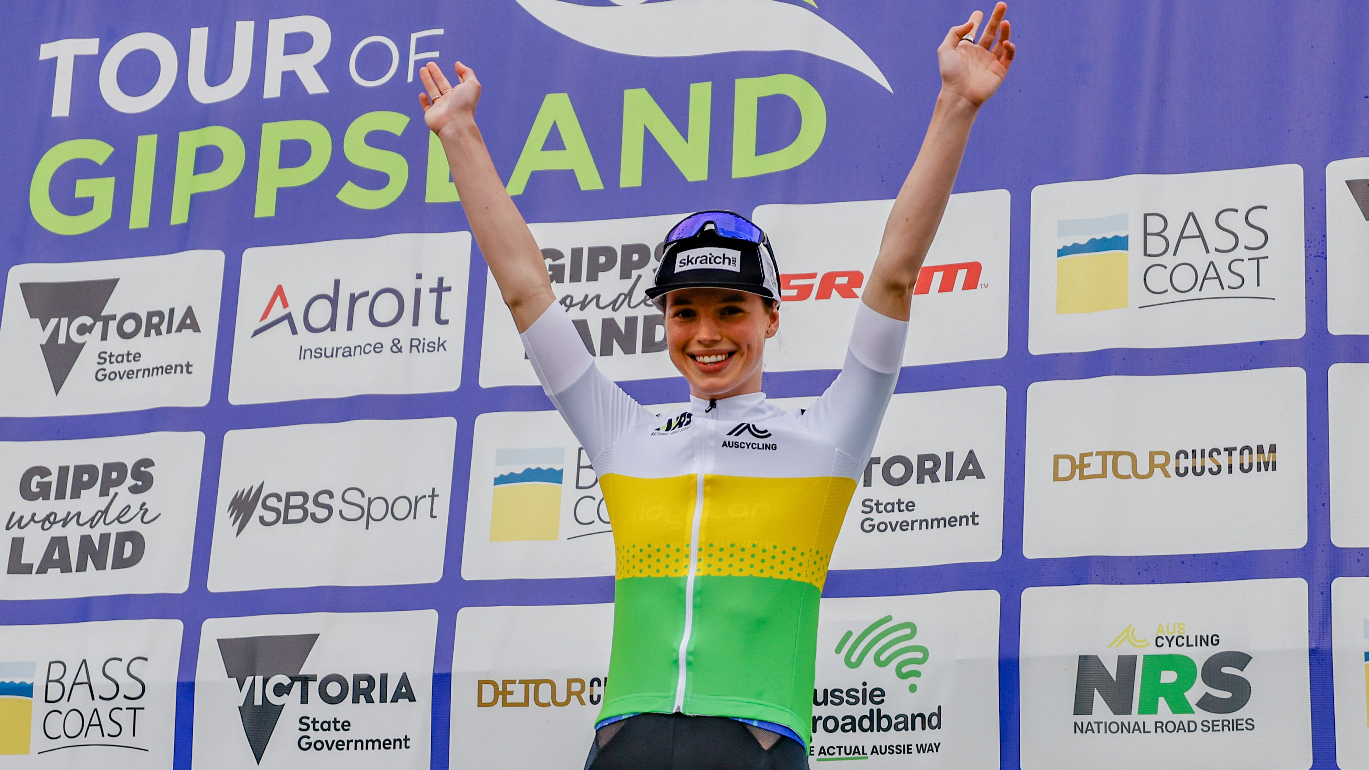 Keely Bennett of Team BridgeLane, cyclist, on the podium of the 2024 AusCycling National Road Series as leader and winner of the NRS individual classification at the Tour of Gippsland.