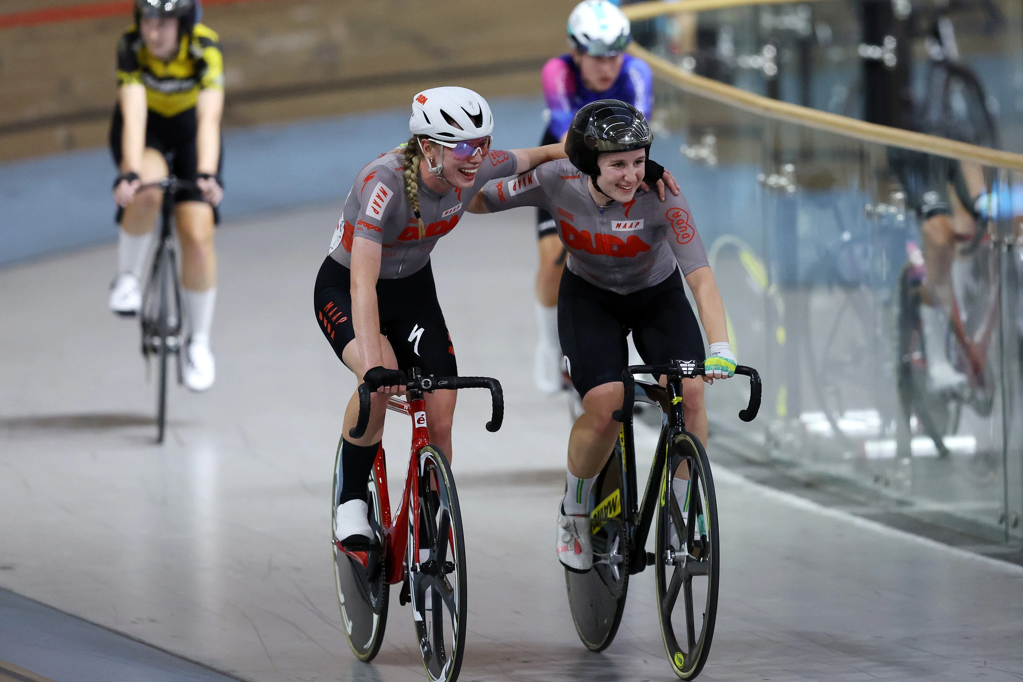 Keely Bennett and Keira Will after winning the 2024 Madison National Championship at DISC in Melbourne. Picture: Con Chronis