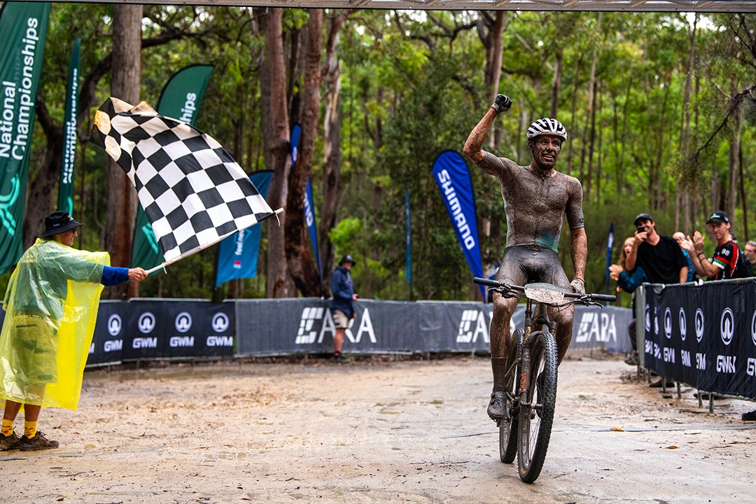 2024 Mountain Bike National Championships rider crossing finishing line