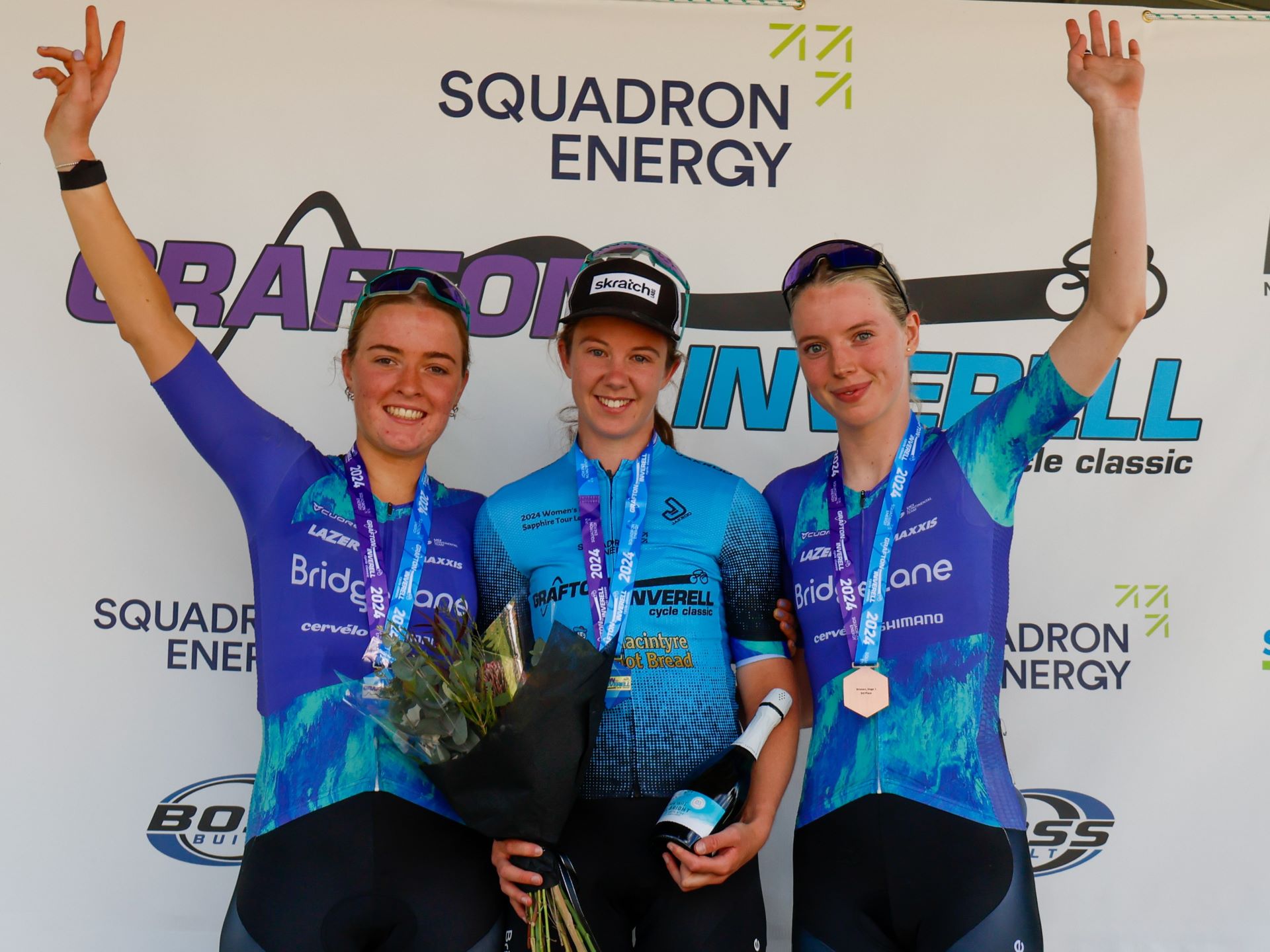 Lillee Pollock, Katelyn Nicholson and Keely Bennett from Team BridgeLane swept the 2024 Sapphire Tour overall podium. Picture: Auriol Carruthers