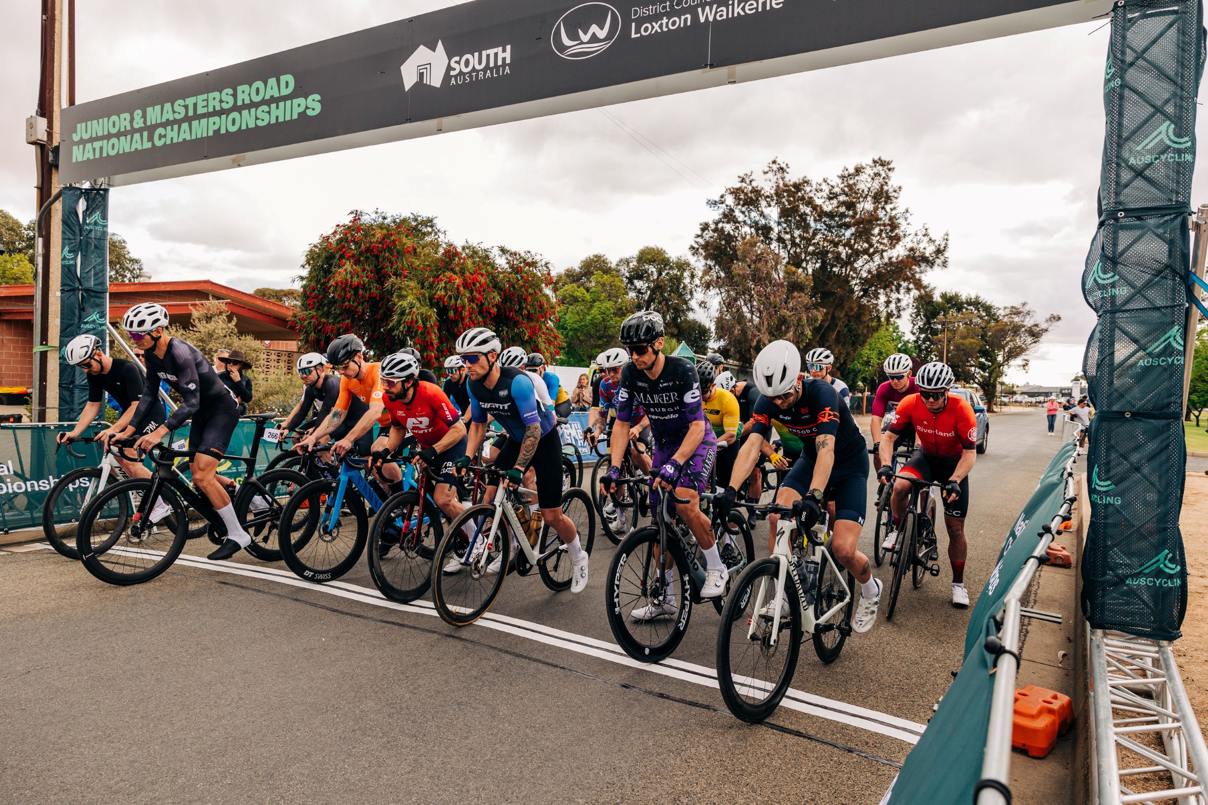 The peloton of a masters men's road race leaves the start line of the AusCycling Road National Championships in Loxton, South Australia in 2024.
