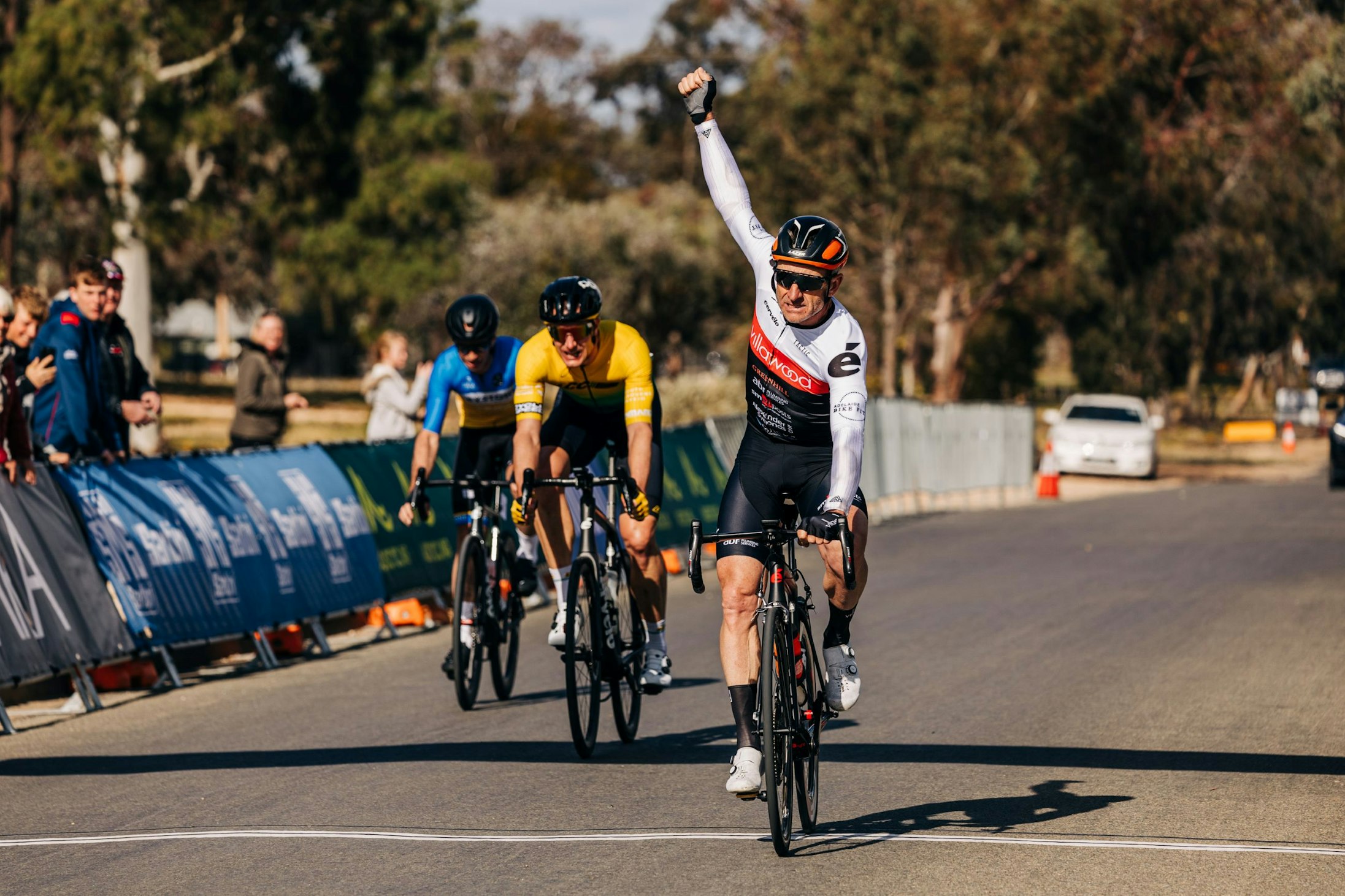 Russell VAN HOUT (Norwood CC) celebrates winning the road race for MMAS3 riders at the 2024 AusCycling Masters & Junior Road National Championships in Loxton