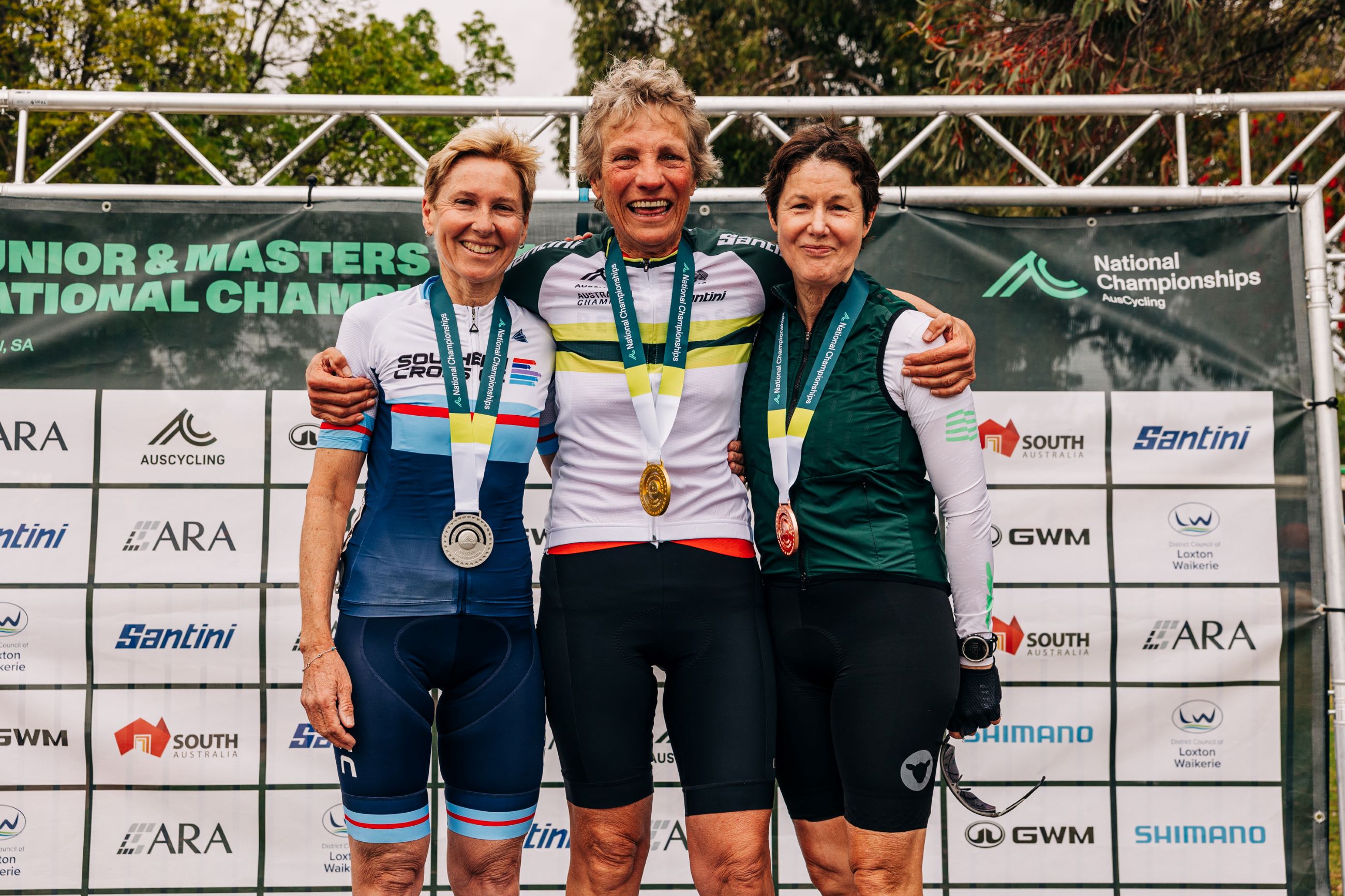 A podium of masters women from the 2024 AusCycling Masters and Junior Road National Championships in Loxton, South Australia. Photo by James Raison