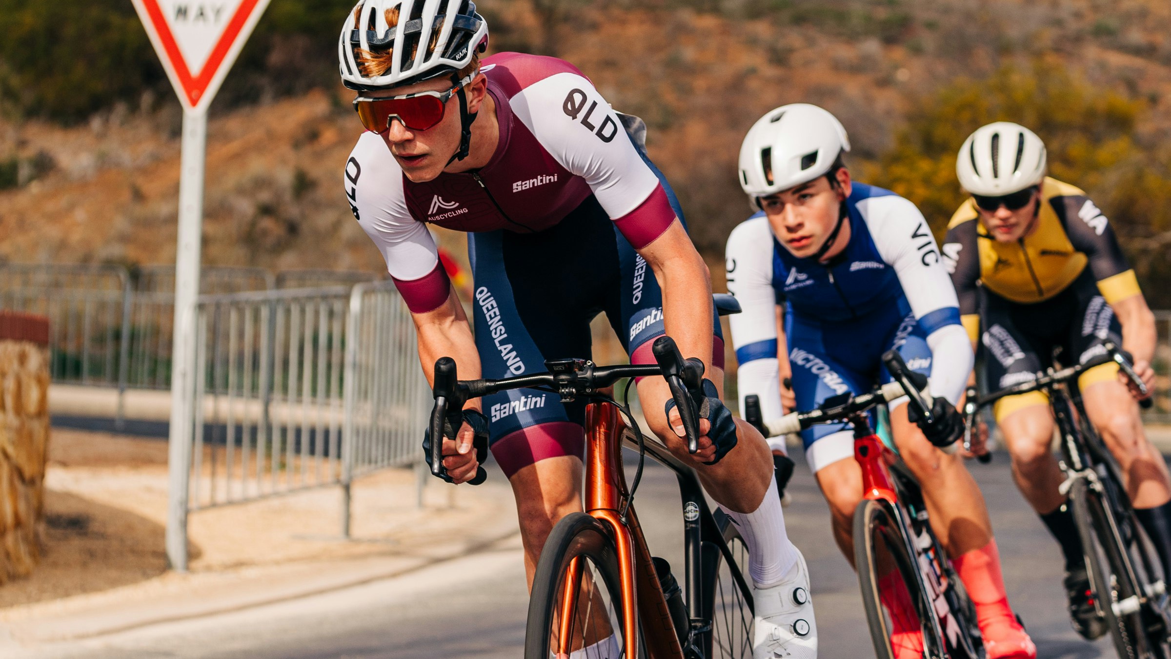 Oscar Schoff racing at the 2024 AusCycling Junior and Masters Road National Championships in Loxton, South Australia. Picture: James Raison