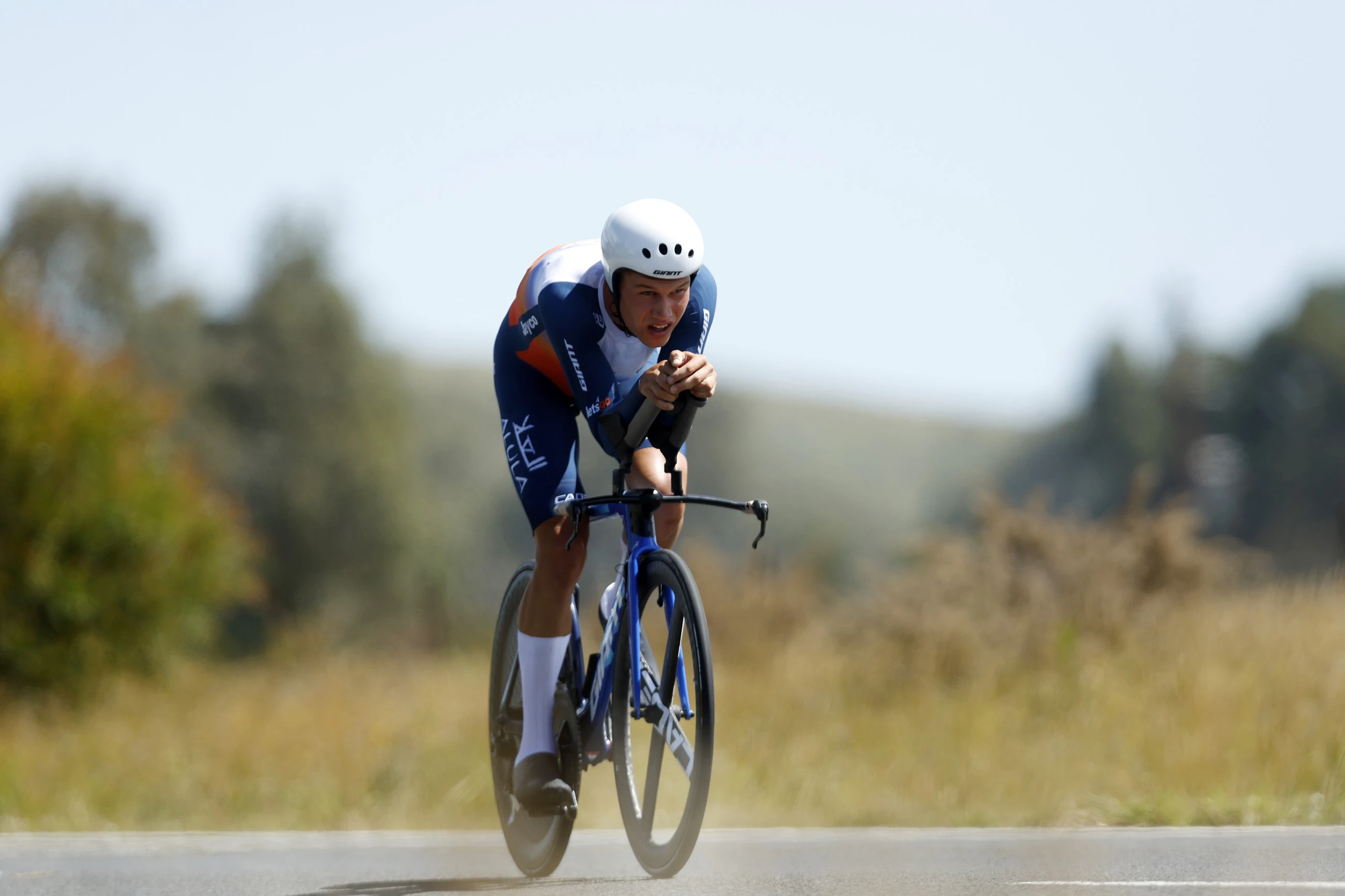 Lucas Plapp of Team Jayco AlUla racing the 2024 elite men's time trial national championship in Ballarat. Picture: Con Chronis / AusCycling