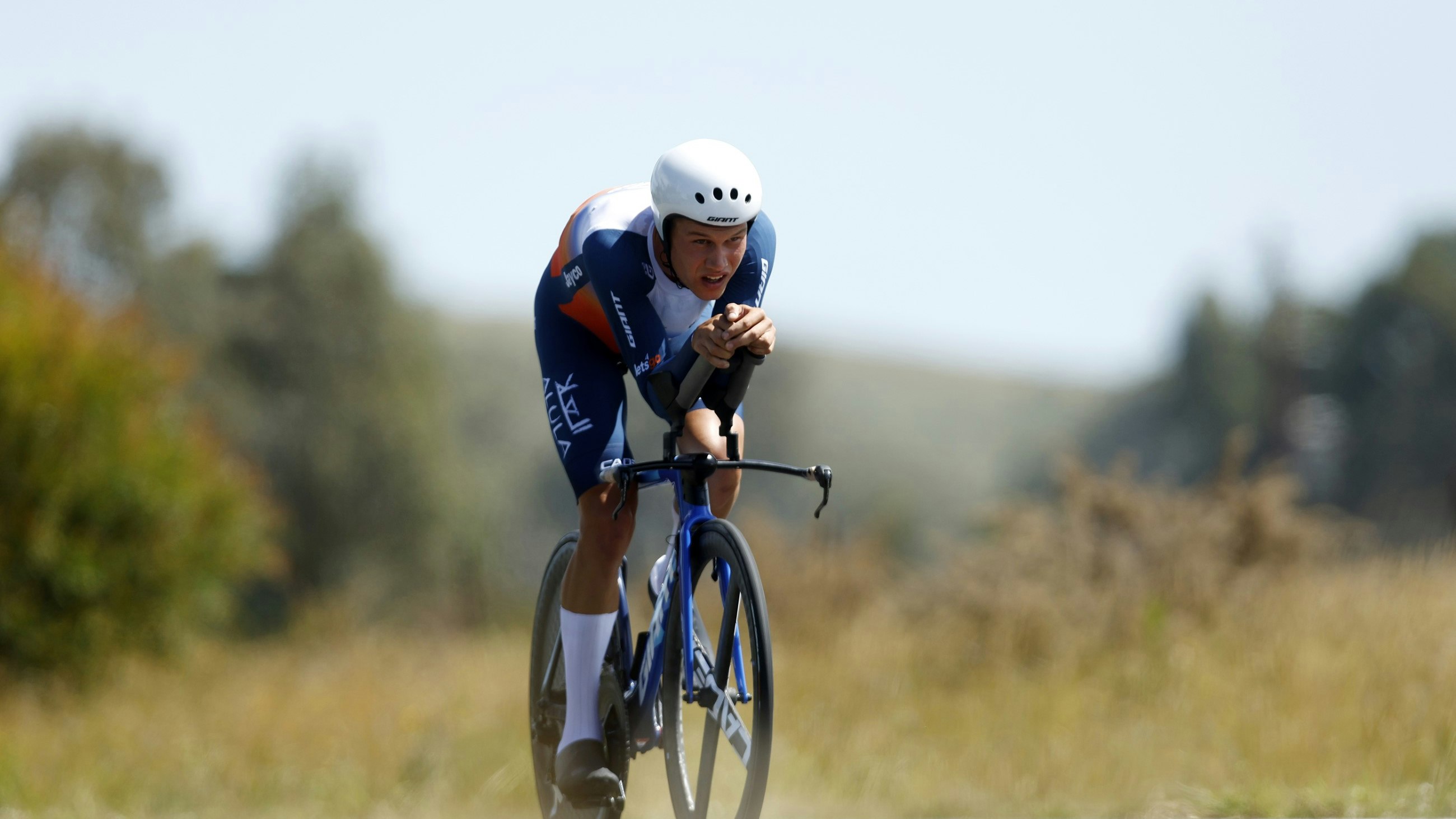 Lucas Plapp of Team Jayco AlUla racing the 2024 elite men's time trial national championship in Ballarat. Picture: Con Chronis / AusCycling