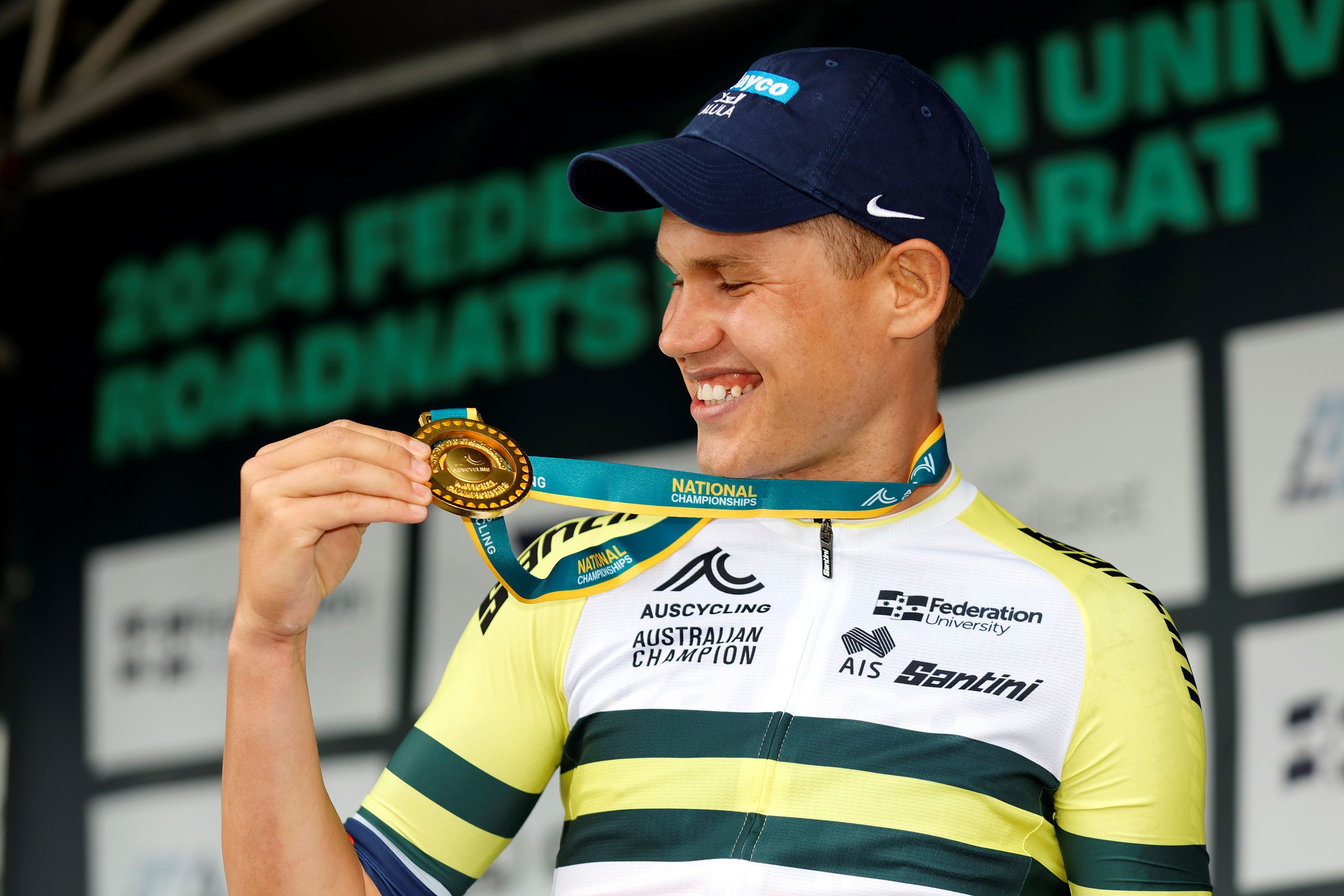 Luke Plapp with gold medal and national champion's jersey at the 2024 Road race National Championships in Ballarat