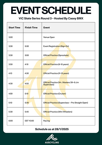 2025 AusCycling BMX Racing Victoria State Series - Round 3 Event Schedule