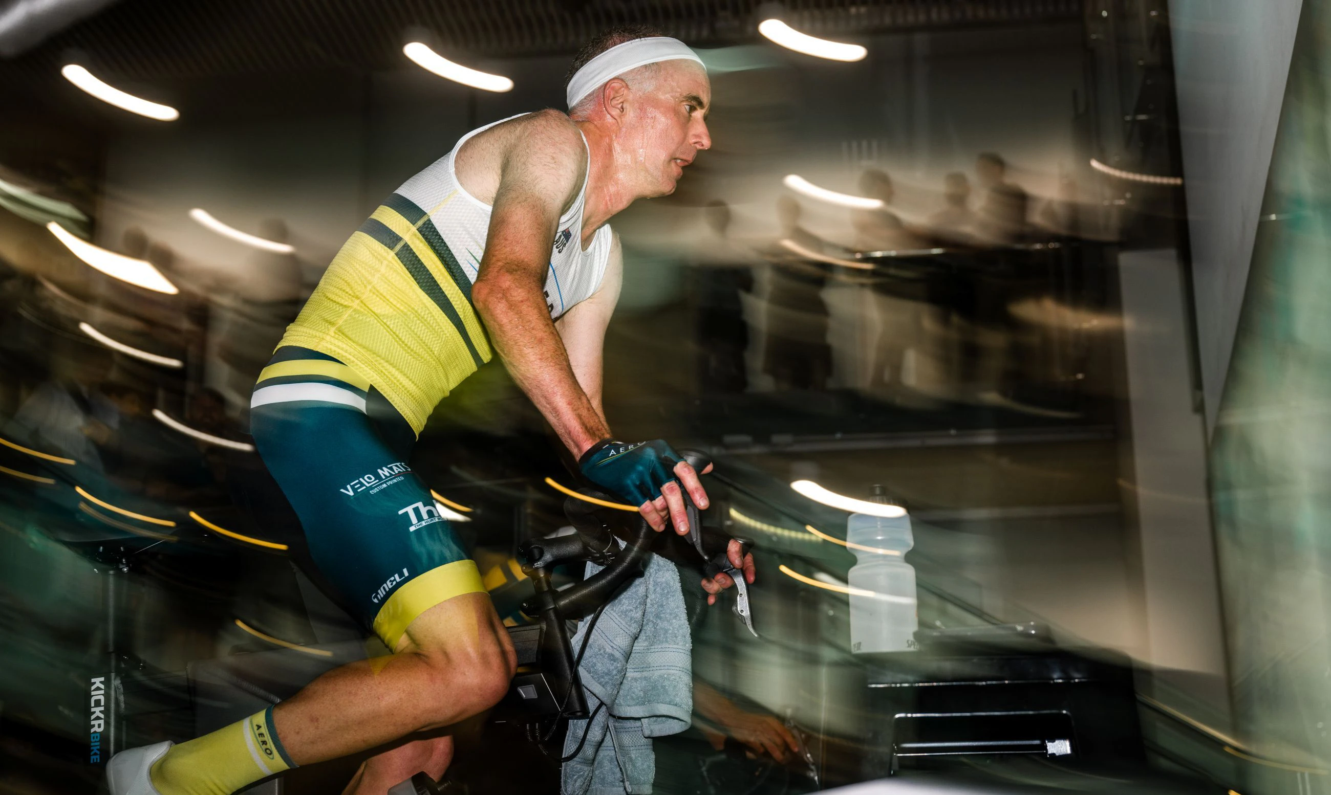 Trent Stevenson competing in the 2024 AusCycling Esports National Championships at Queensland University of Technology’s The Cube in Brisbane. Alex Polizzi.