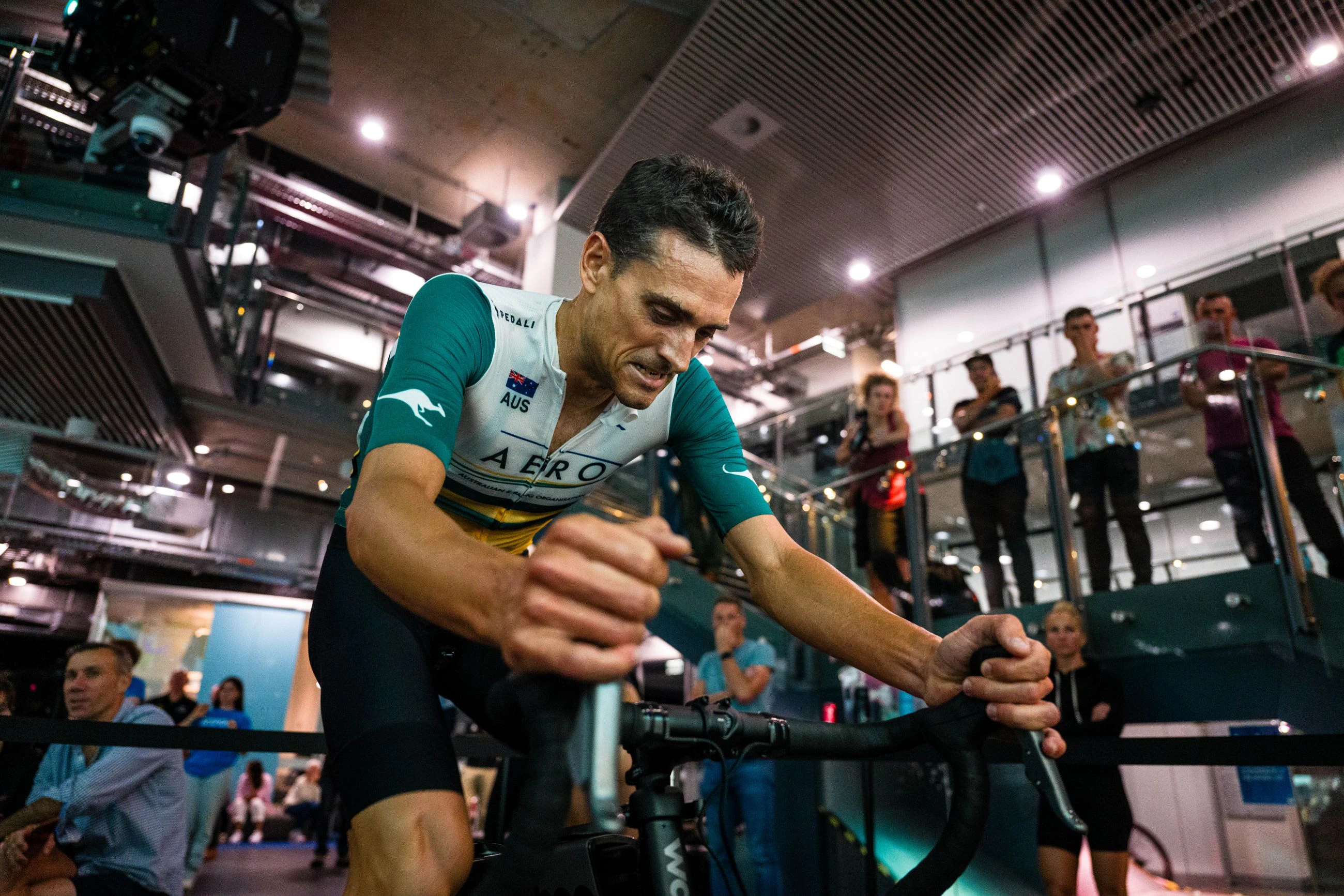 Australian cycling esports cyclist Joshua Wilson during the 2024 AusCycling Esports National Championships in QUT The Cube, Brisbane. Photo by Alex Polizzi