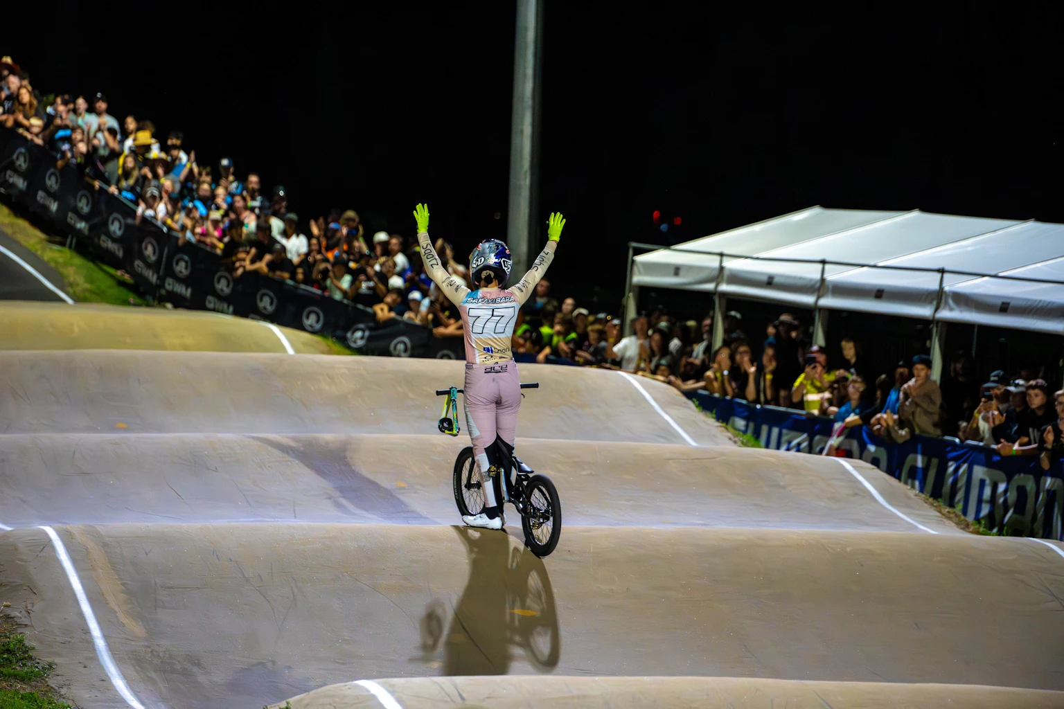 Saya Sakakibara celebrates winning elite women at the 2025 GWM BMX Racing National Championships. Picture: Get Snapt