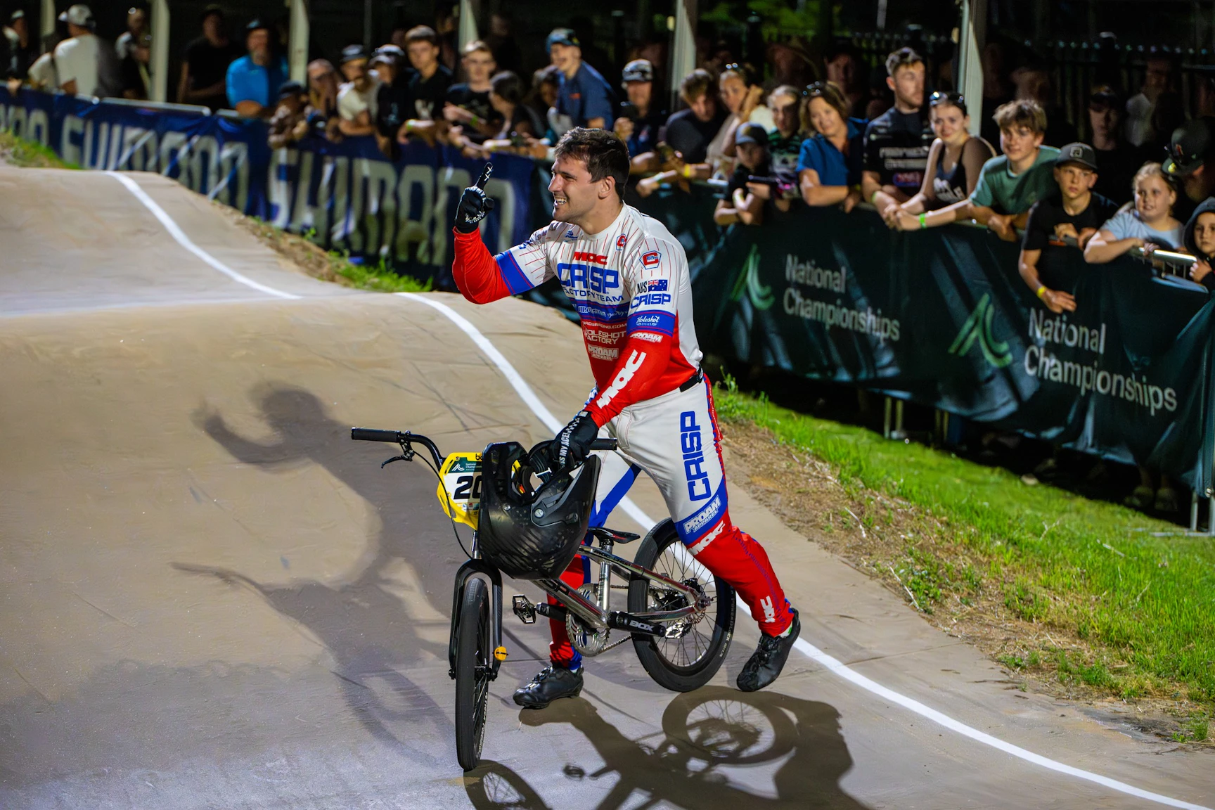 Hayden Fletcher celebrates after winning the elite men national title at the 2025 GWM BMX Racing National Championships at Macarthur BMX Club. Picture: Get Snapt