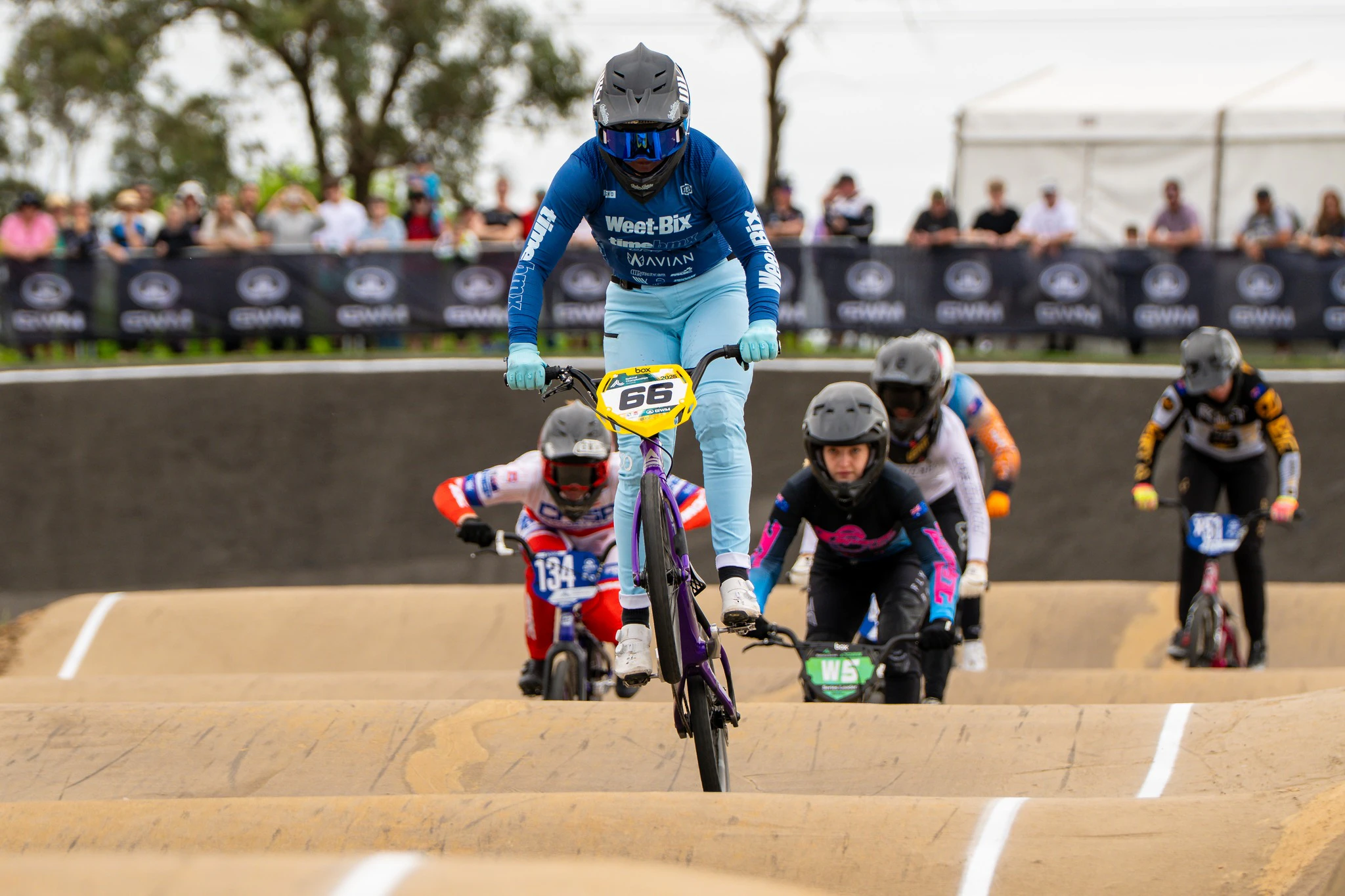 Sienna Pal racing at Round 7 of the 2025 AusCycling BMX Racing National Series at Macarthur BMX Club. Picture: Get Snapt