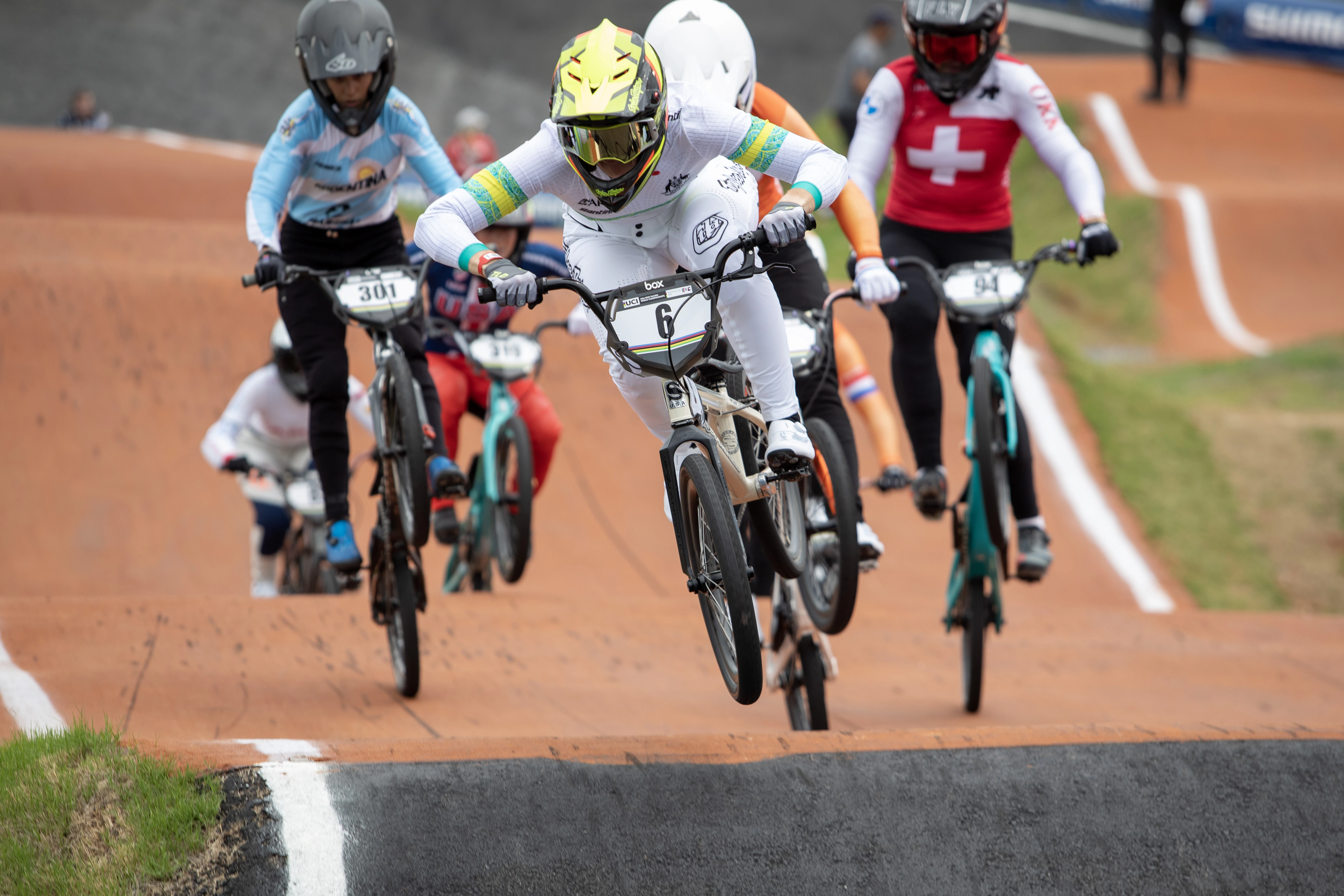Lauren Reynolds racing at the 2024 UCI BMX Racing World Championships in Rock Hill, USA. Picture: Derek Betcher