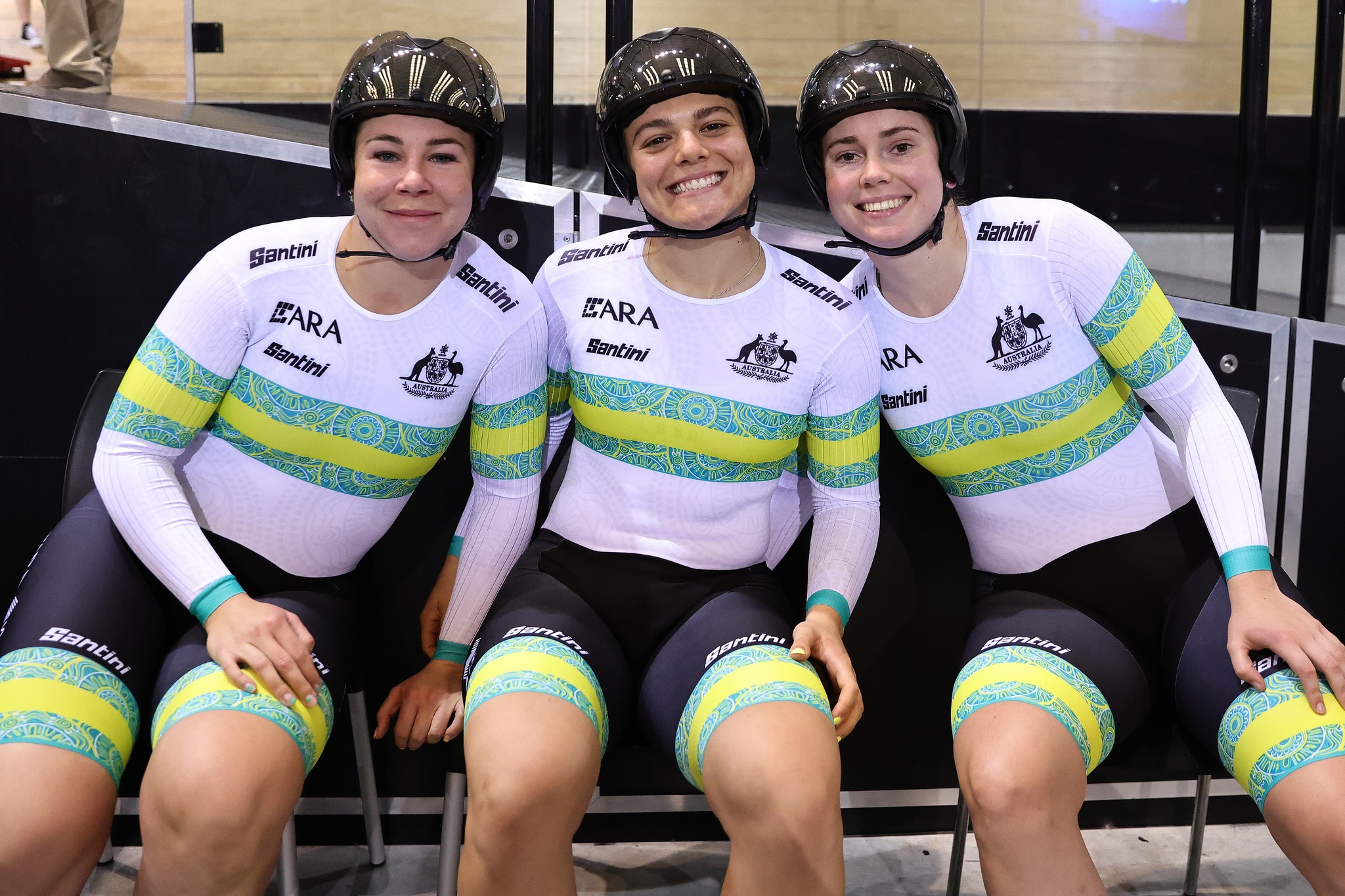 Molly McGill, Alessia McCaig and Kalinda Robinson, Australia's women elite team sprint team during the Oceania track cycling championships at Grassroots Trust Velodrome in Cambridge, New Zealand on Wednesday February 14, 2024. (Photo by Aaron Gillions)