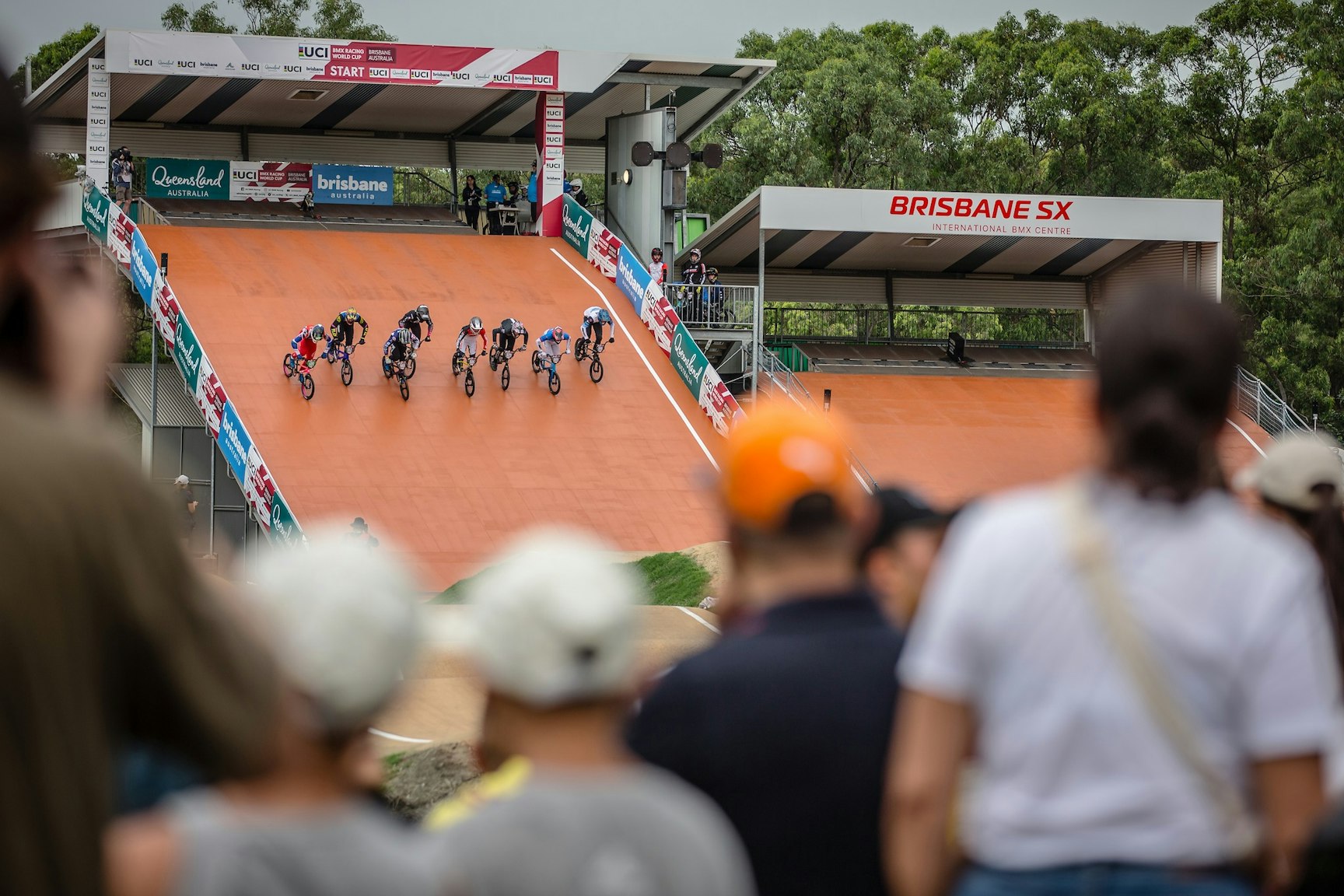 Crowd view to the start hills at a 2024 UCI BMX Racing World Cup round at Sleeman Sport Complex's Brisbane SX International BMX Centre. Picture: Craig Dutton/UCI