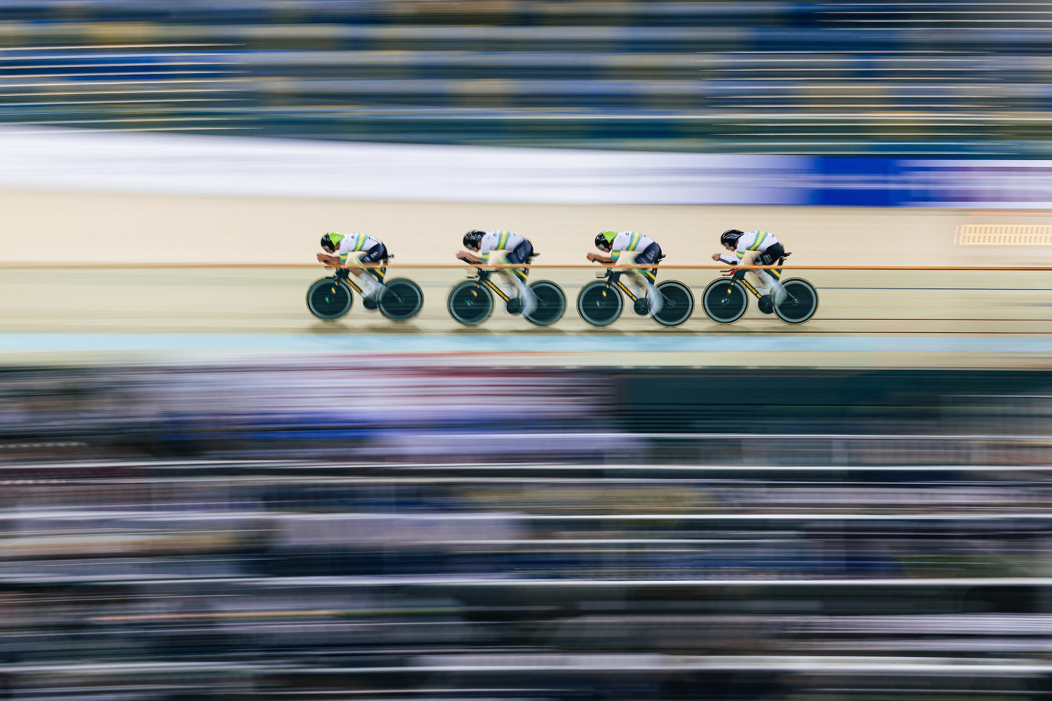 ARA Australian Cycling Team (Graeme Frislie, Josh Duffy, Oliver Bleddyn, Blake Agnoletto) men's team pursuit squad during the Hong Kong 2024 UCI Track Nations Cup. Picture: Alex Whitehead/SWpix.com