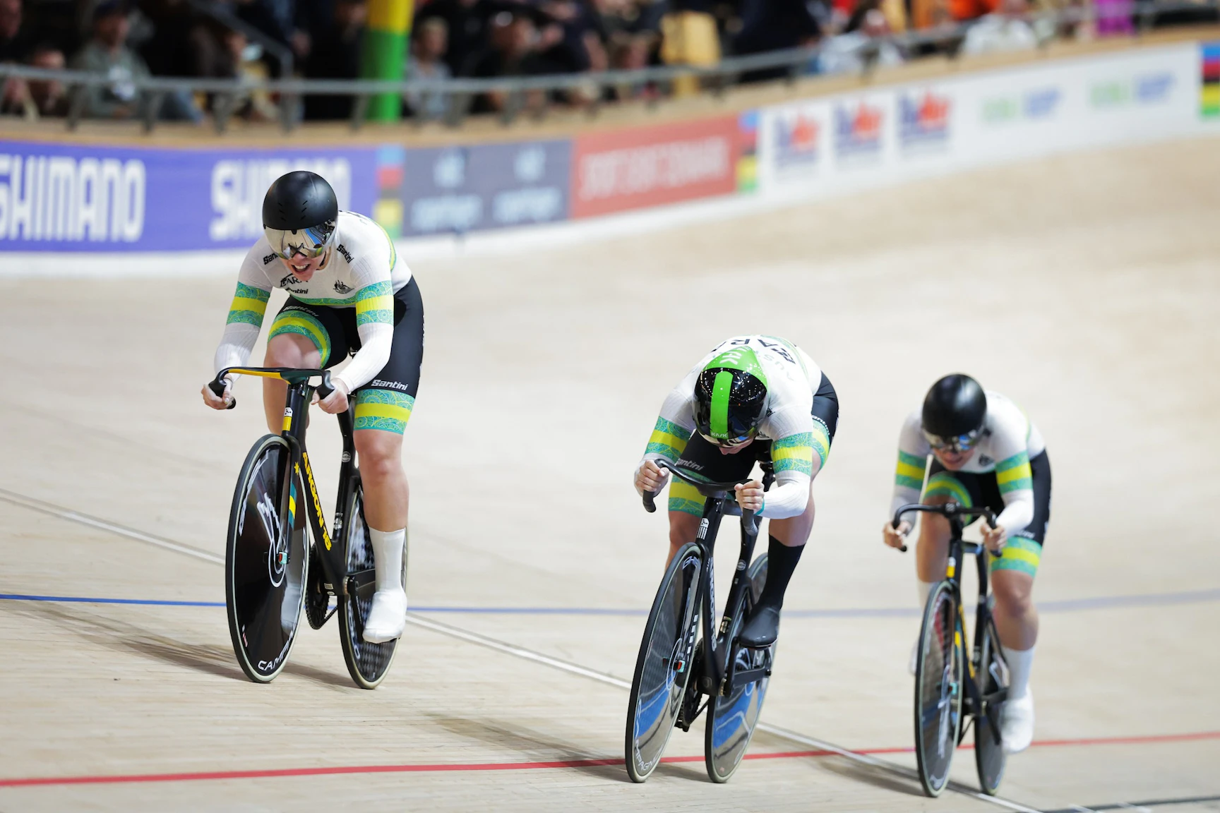 Molly McGill, Kristina Clonan and Alessia McCaig racing at the 2024 UCI Track World Championships in Ballerup, Denmark. Picture: Alex Whitehead/SWpix.com