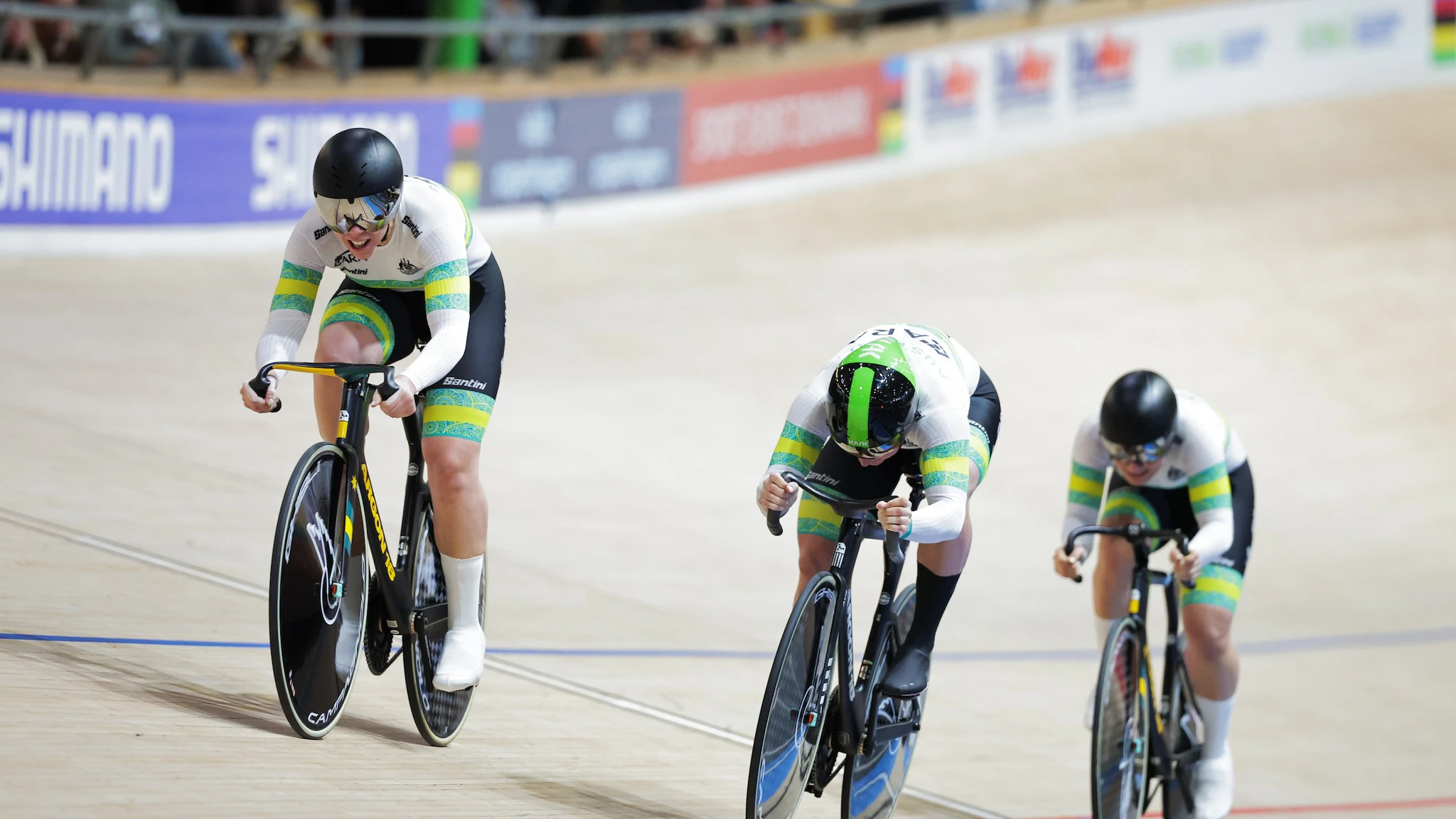 Molly McGill, Kristina Clonan and Alessia McCaig racing at the 2024 UCI Track World Championships in Ballerup, Denmark. Picture: Alex Whitehead/SWpix.com