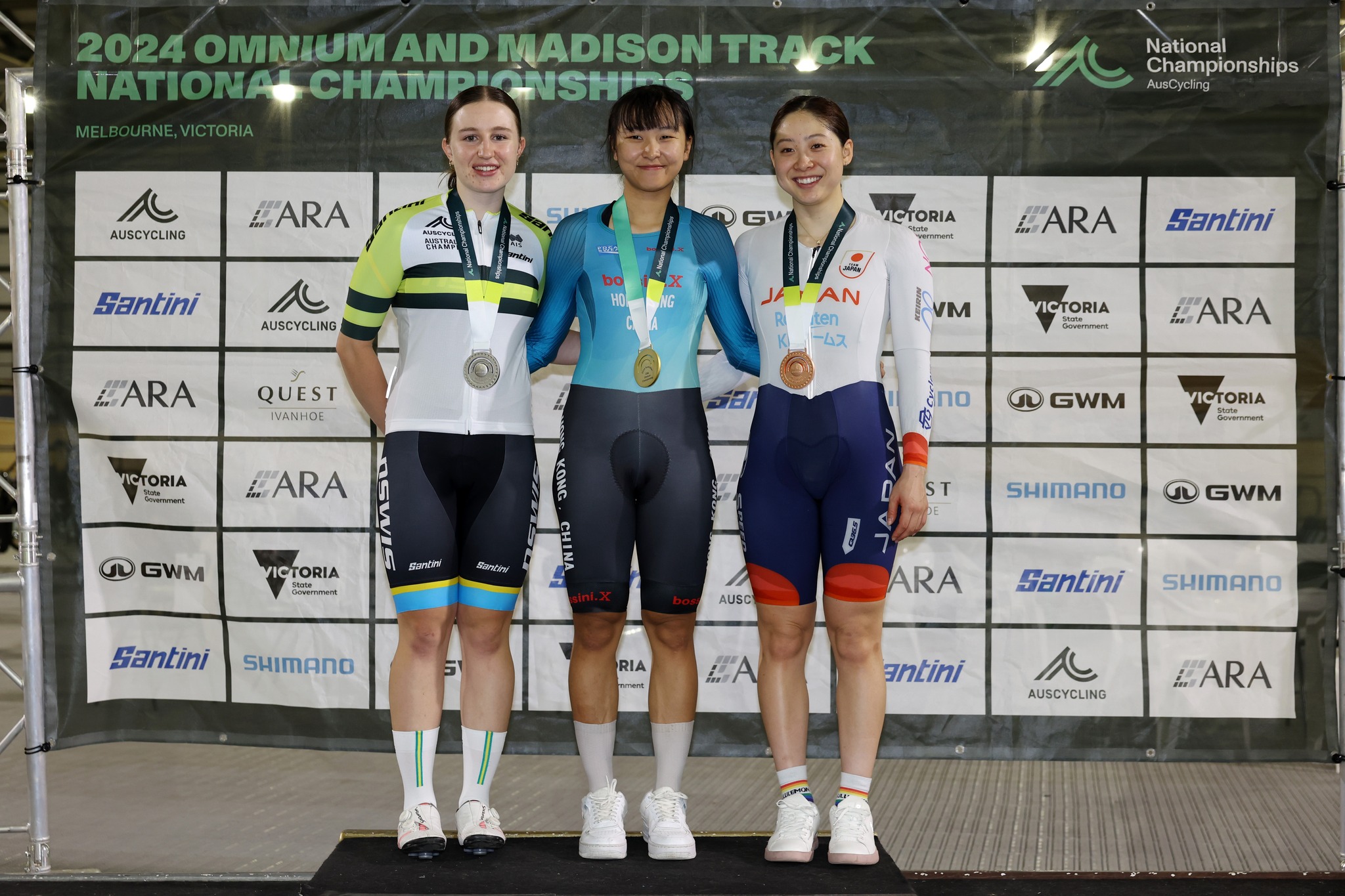 2024 elite women's omnium national championship podium. Lee Sze Wing in first, Keira Will in second (national champion) and Tsuyaka Uchino in third. Picture: Con Chronis.