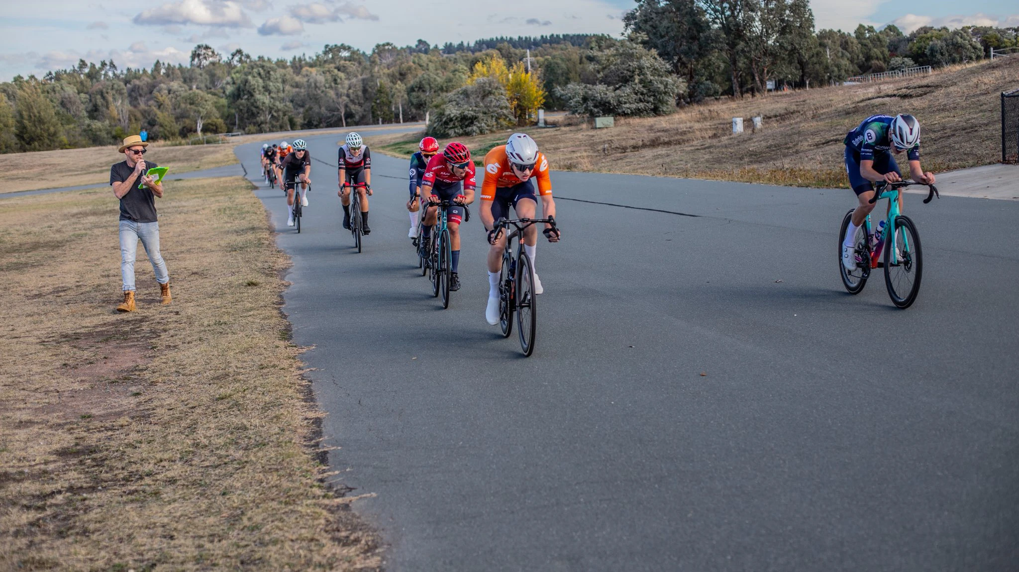 Oliver Ward attacking to win the criterium stage at the 2025 Canberra Junior Tour, part of the BikeChain J19 National Road Series. Picture: Gabe Nuspan