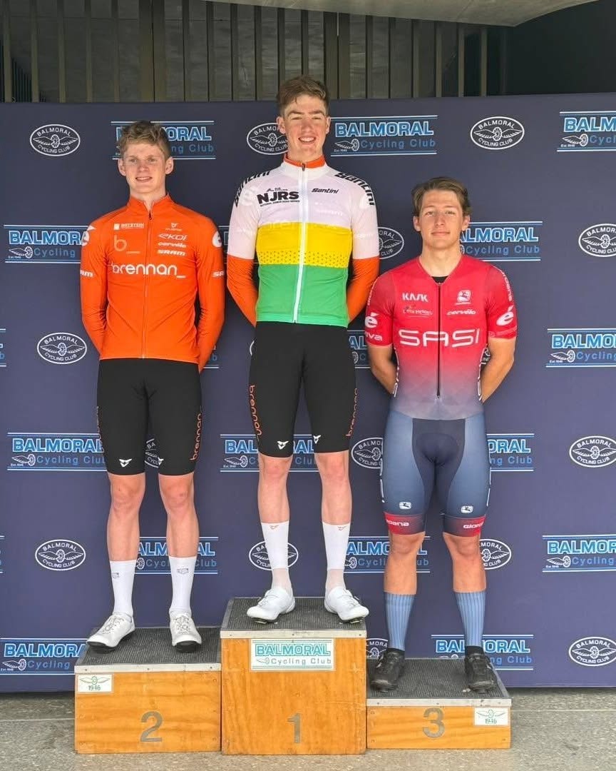 2025 BikeChain J19 National Road Series overall ranking (Oliver Ward 1, Alistair Forsyth 2, Will Brown 3, Henry Jones not in picture). Picture: Gabe Nuspan