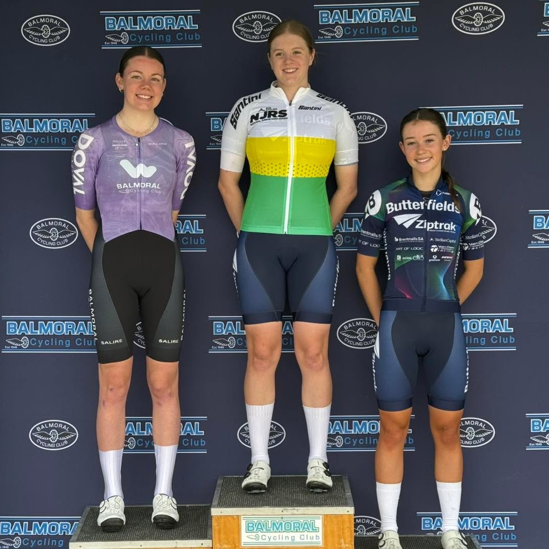 2025 BikeChain J19 National Road Series overall ranking (Ava Schmidtke 1, Megan Russell 2, Charlotte Lovett 3). Picture: Gabe Nuspan