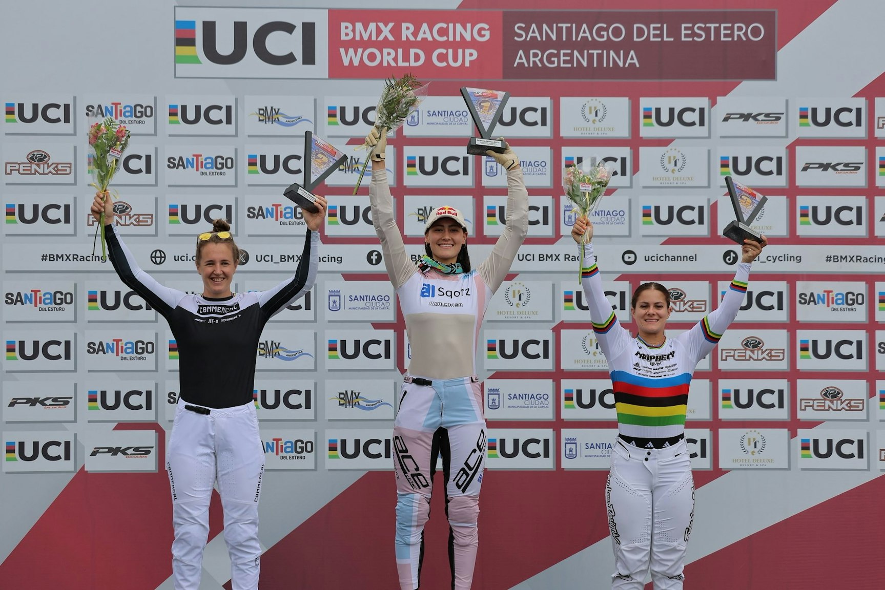 Saya Sakakibara after winning Round 6 of the 2025 UCI BMX Racing World Cup in Santiago del Estero, Argentina. Picture: Craig Dutton/UCI