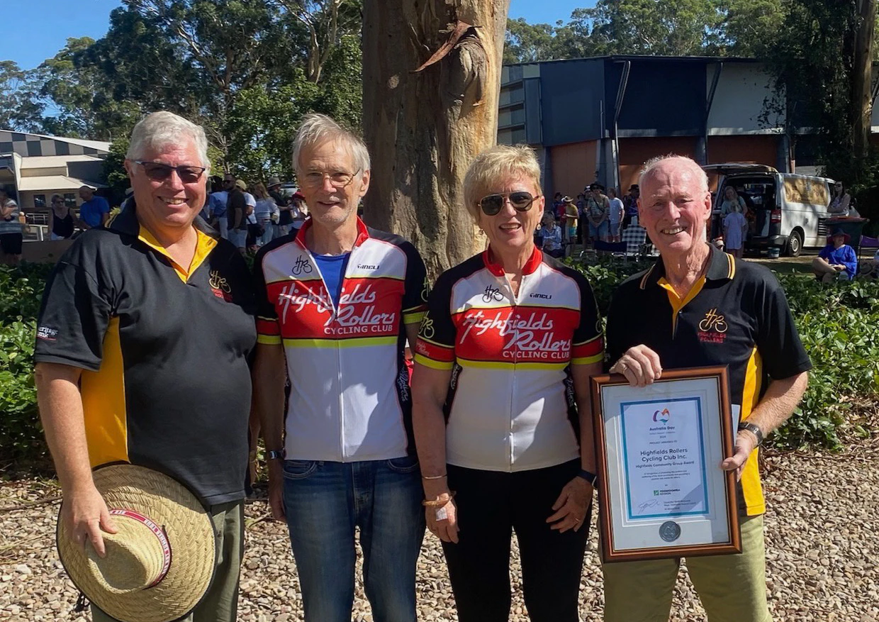 The Highfields Rollers Cycling Club receive the Highfields Community Group Award from the Toowoomba Regional Council