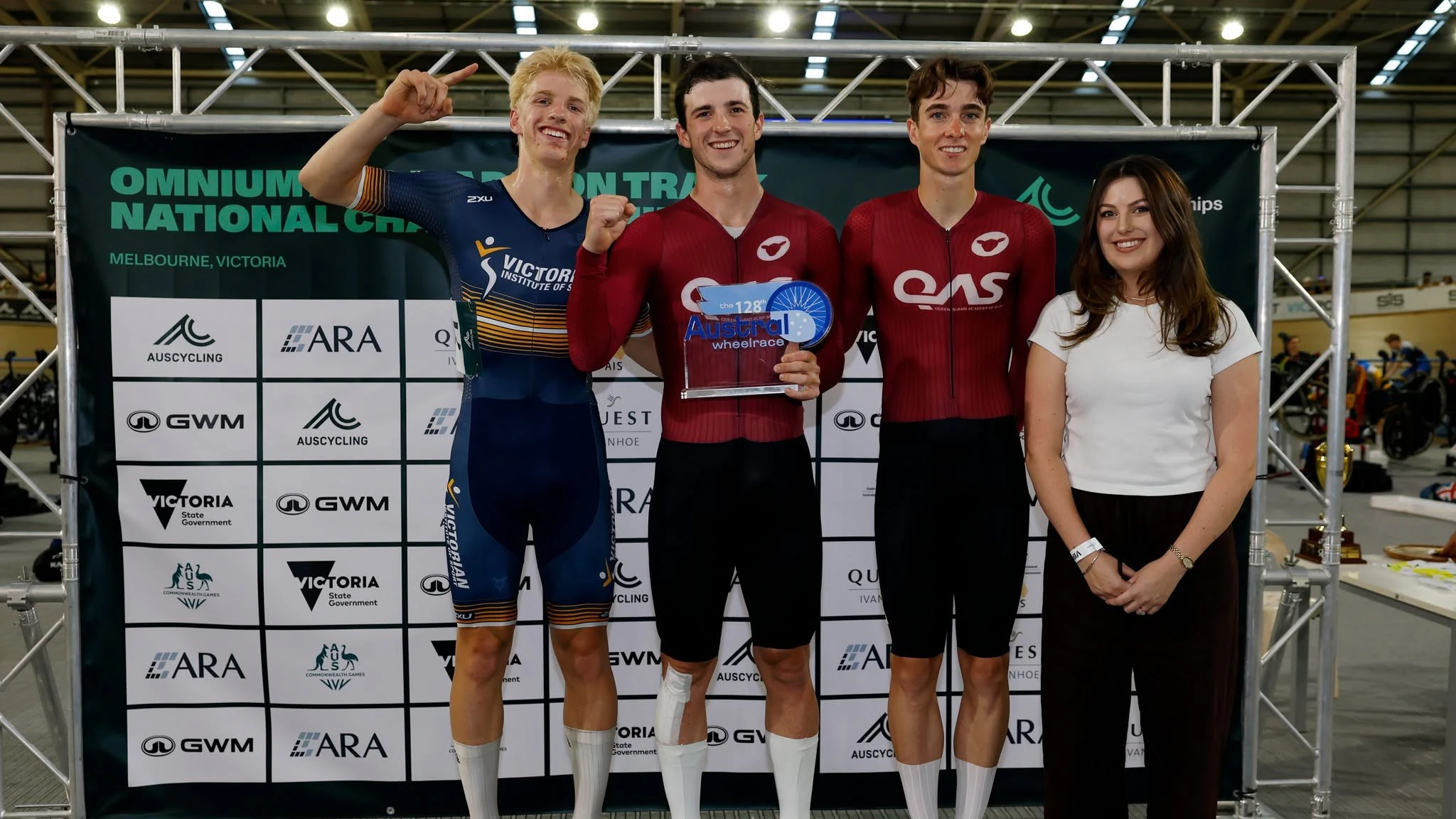 Quest Ivanhoe 128th Austral Wheelrace men's podium (1. Liam Walsh, 2. Lachlan Stewart, 3. Noah Blannin) with Quest Ivanhoe franchisee. Picture: Con Chronis